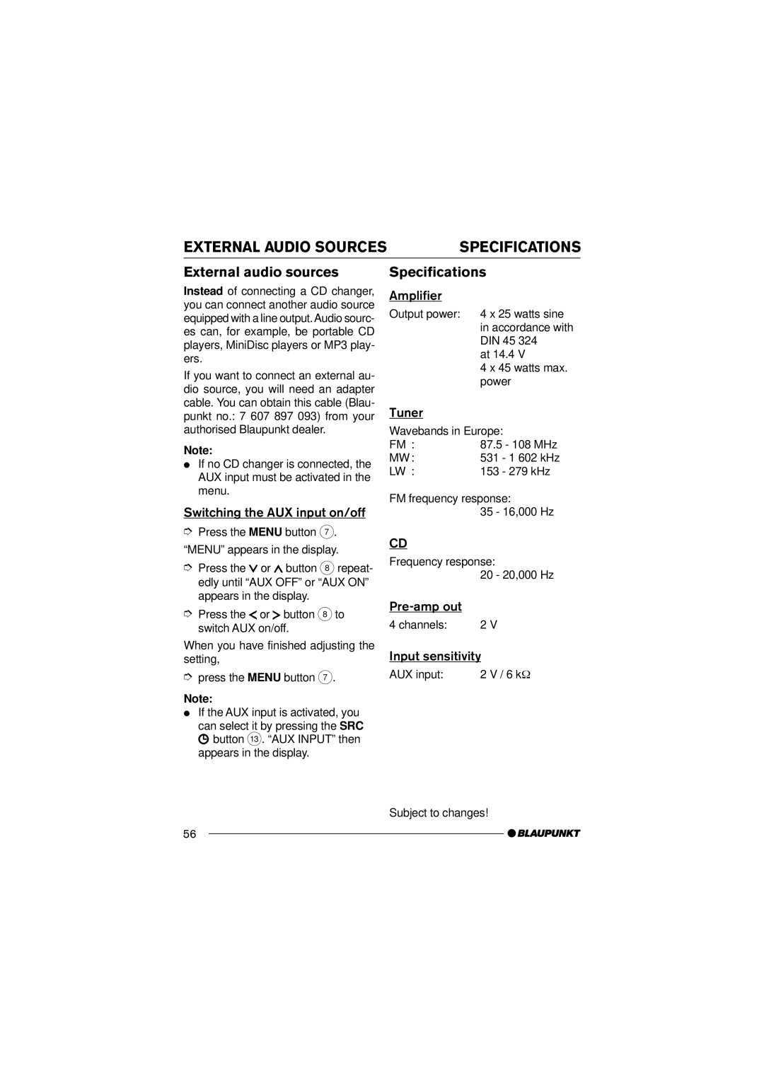 Blaupunkt 7 645 170 310, 7 645 190 310 operating instructions External audio sources Specifications 