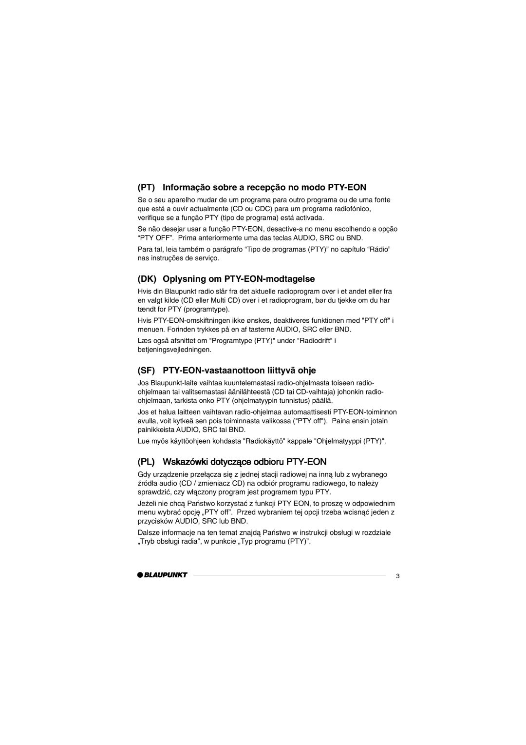 Blaupunkt 7 645 190 310, 7 645 170 310 operating instructions PT Informação sobre a recepção no modo PTY-EON 