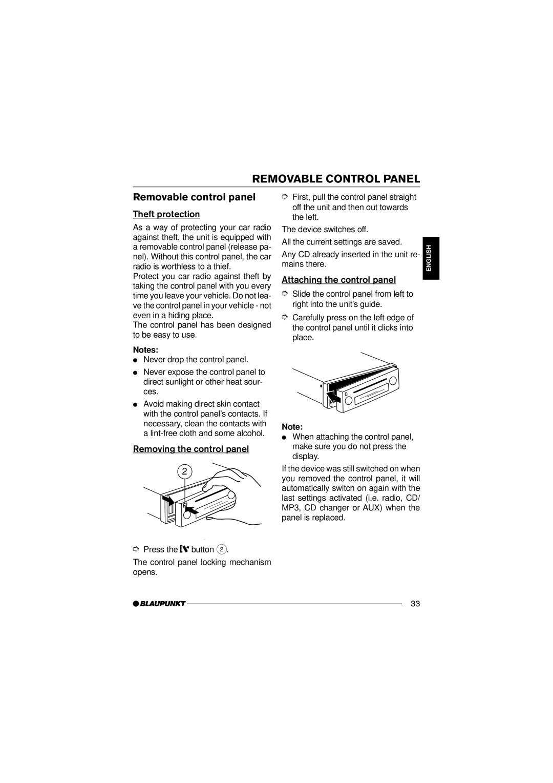 Blaupunkt 7 645 190 310 Removable Control Panel, Removable control panel, Theft protection, Removing the control panel 