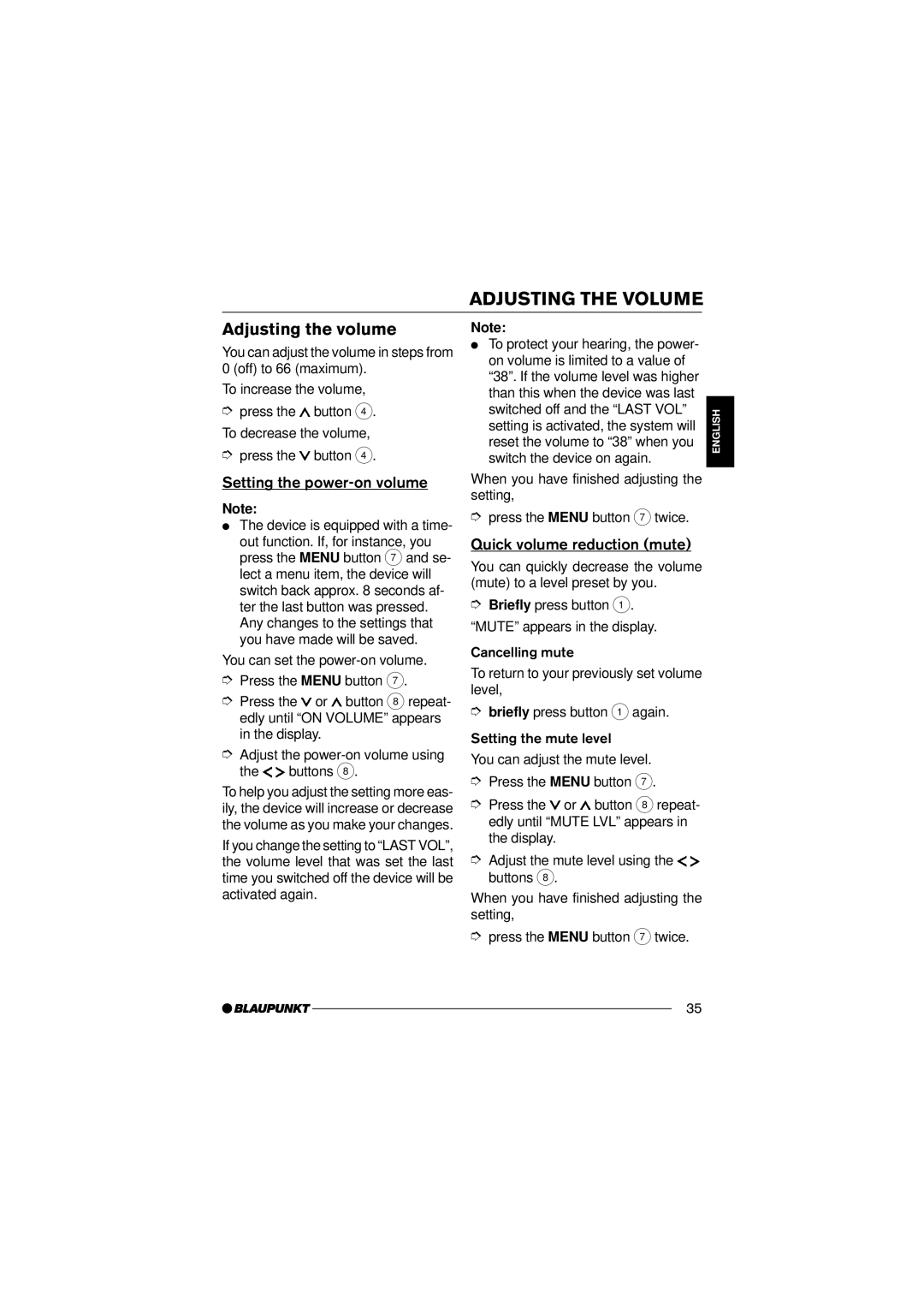 Blaupunkt 7 645 190 310, 7 645 170 310 Adjusting the Volume, Adjusting the volume, Setting the power-on volume 