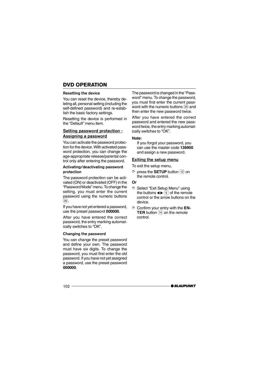 Blaupunkt 7 645 650 310 Setting password protection Assigning a password, Exiting the setup menu, Resetting the device 