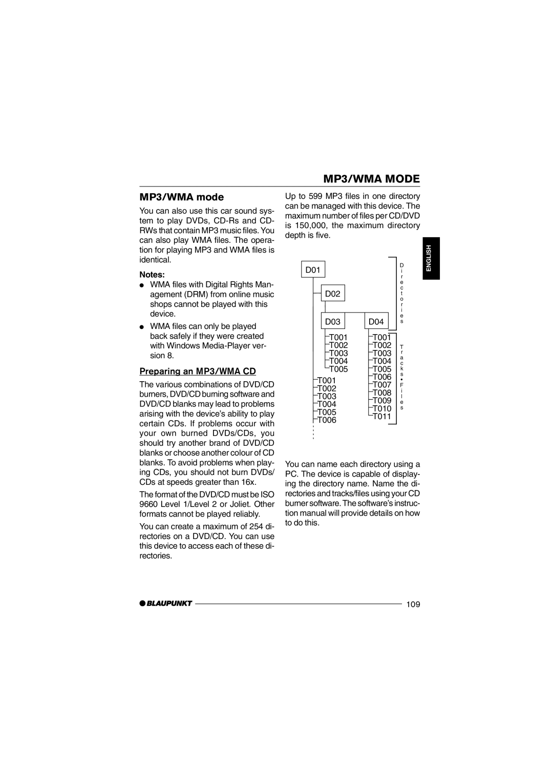 Blaupunkt 7 645 650 310 operating instructions MP3/WMA Mode, MP3/WMA mode, Preparing an MP3/WMA CD 