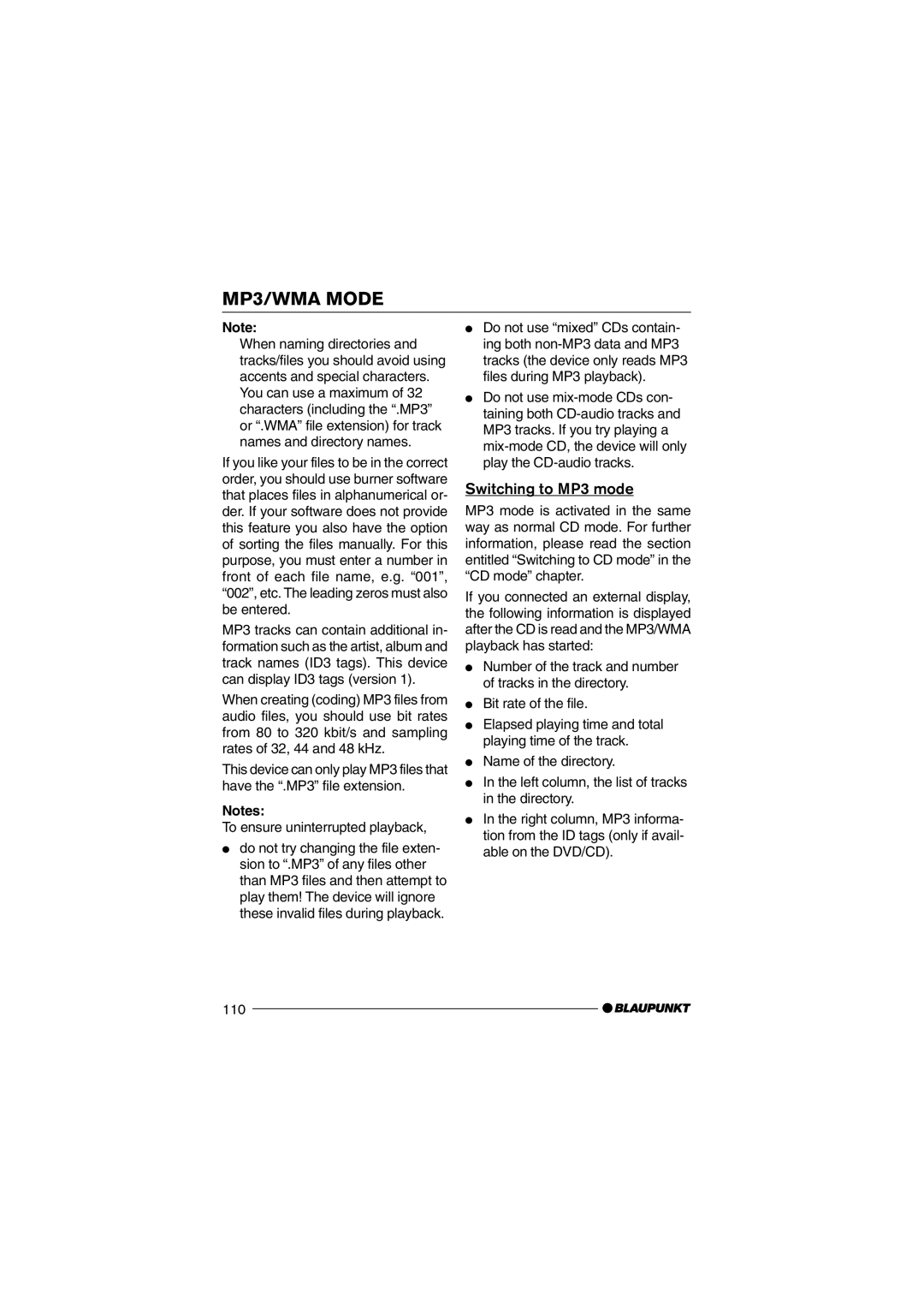 Blaupunkt 7 645 650 310 operating instructions Switching to MP3 mode, 110 