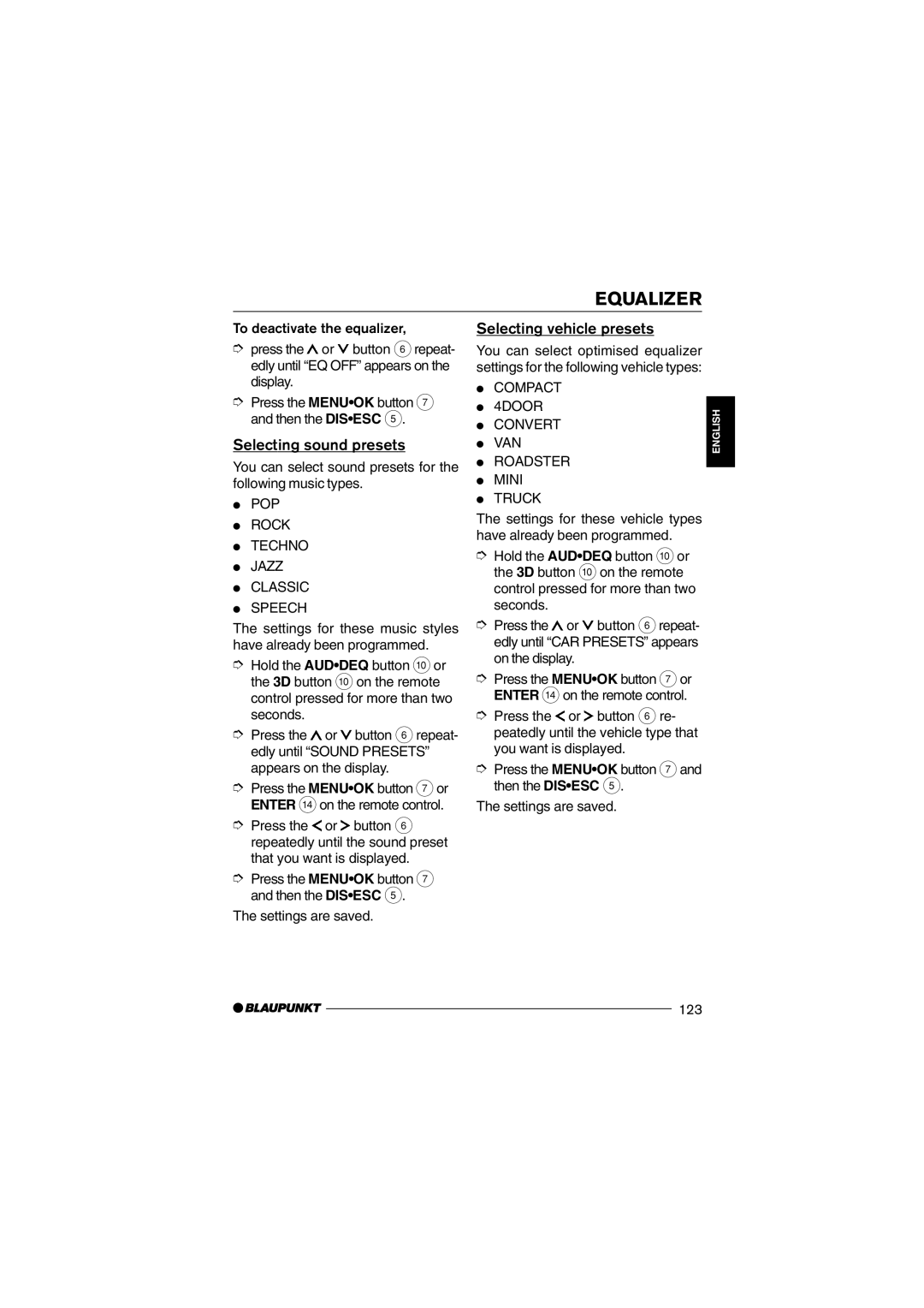 Blaupunkt 7 645 650 310 operating instructions Selecting sound presets, Selecting vehicle presets 