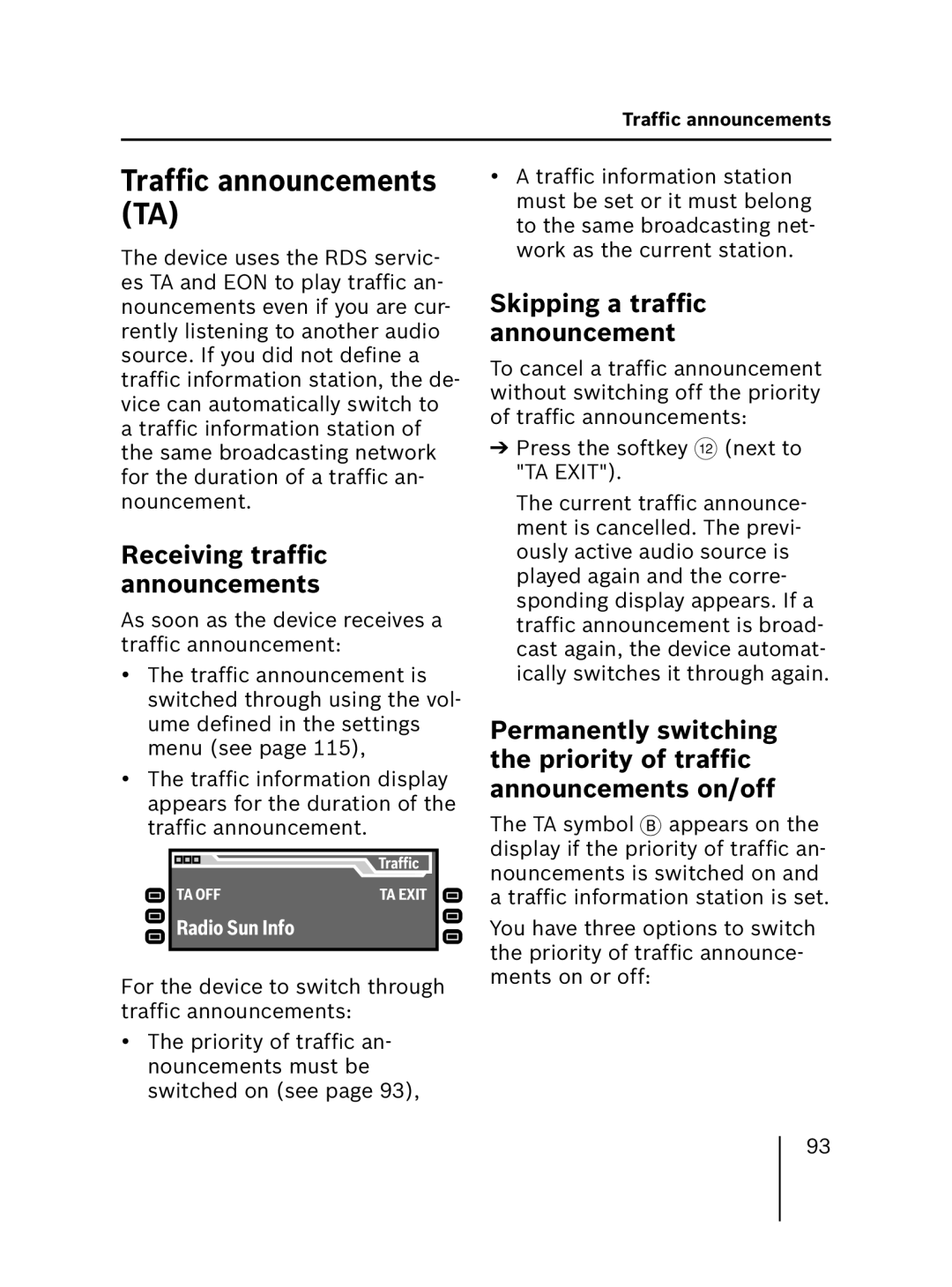 Blaupunkt 7 646 521 310 Trafﬁc announcements TA, Receiving trafﬁc announcements, Skipping a trafﬁc announcement 