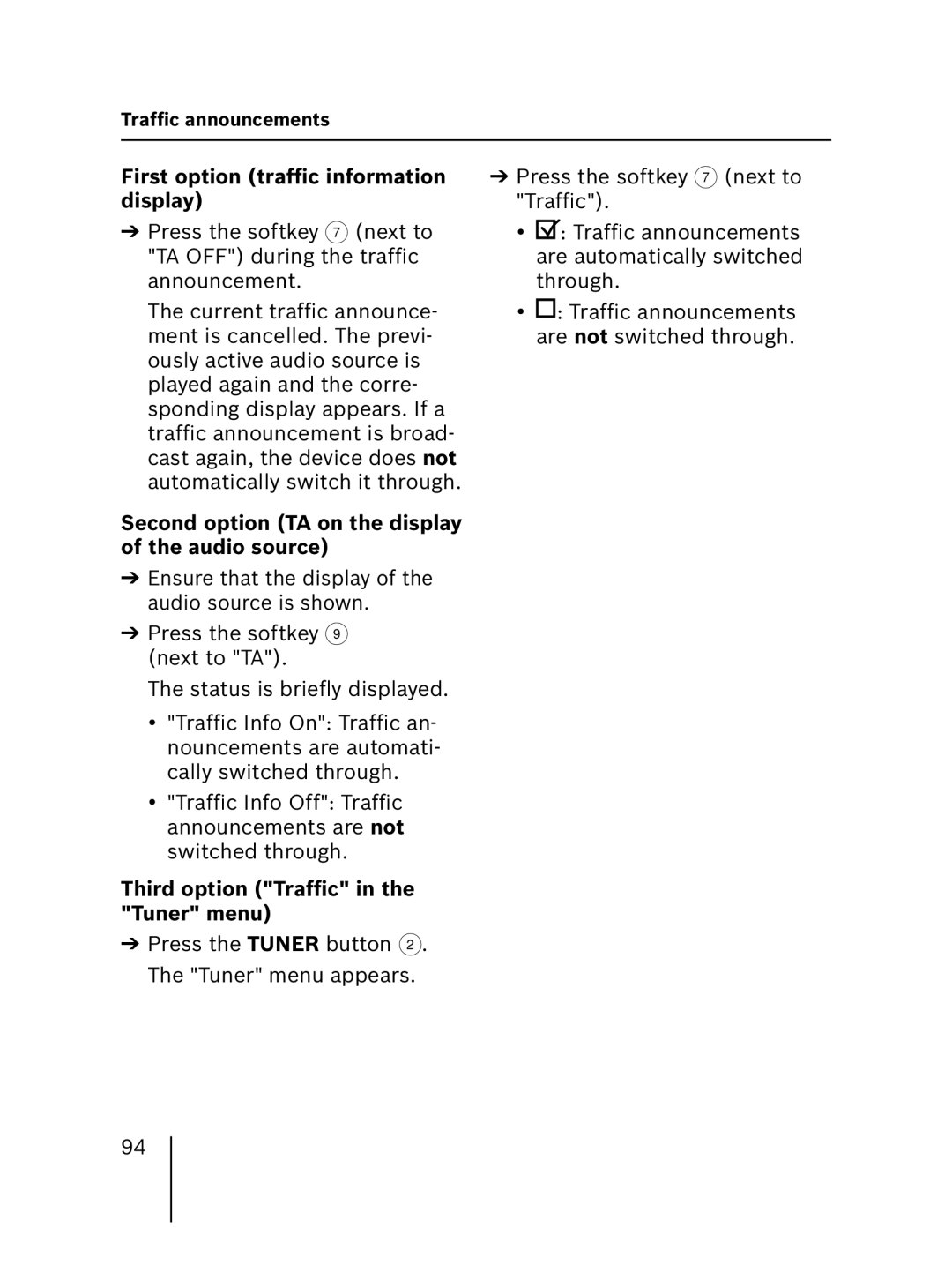 Blaupunkt 7 646 520 310 First option trafﬁc information display, Second option TA on the display of the audio source 