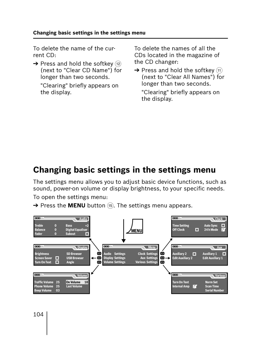 Blaupunkt 7 646 520 310, 7 646 521 310 installation instructions Changing basic settings in the settings menu, 104 