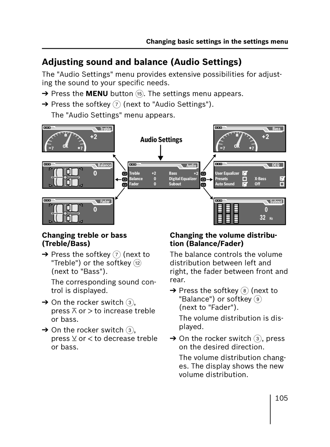 Blaupunkt 7 646 521 310, 7 646 520 310 Adjusting sound and balance Audio Settings, Changing treble or bass Treble/Bass 