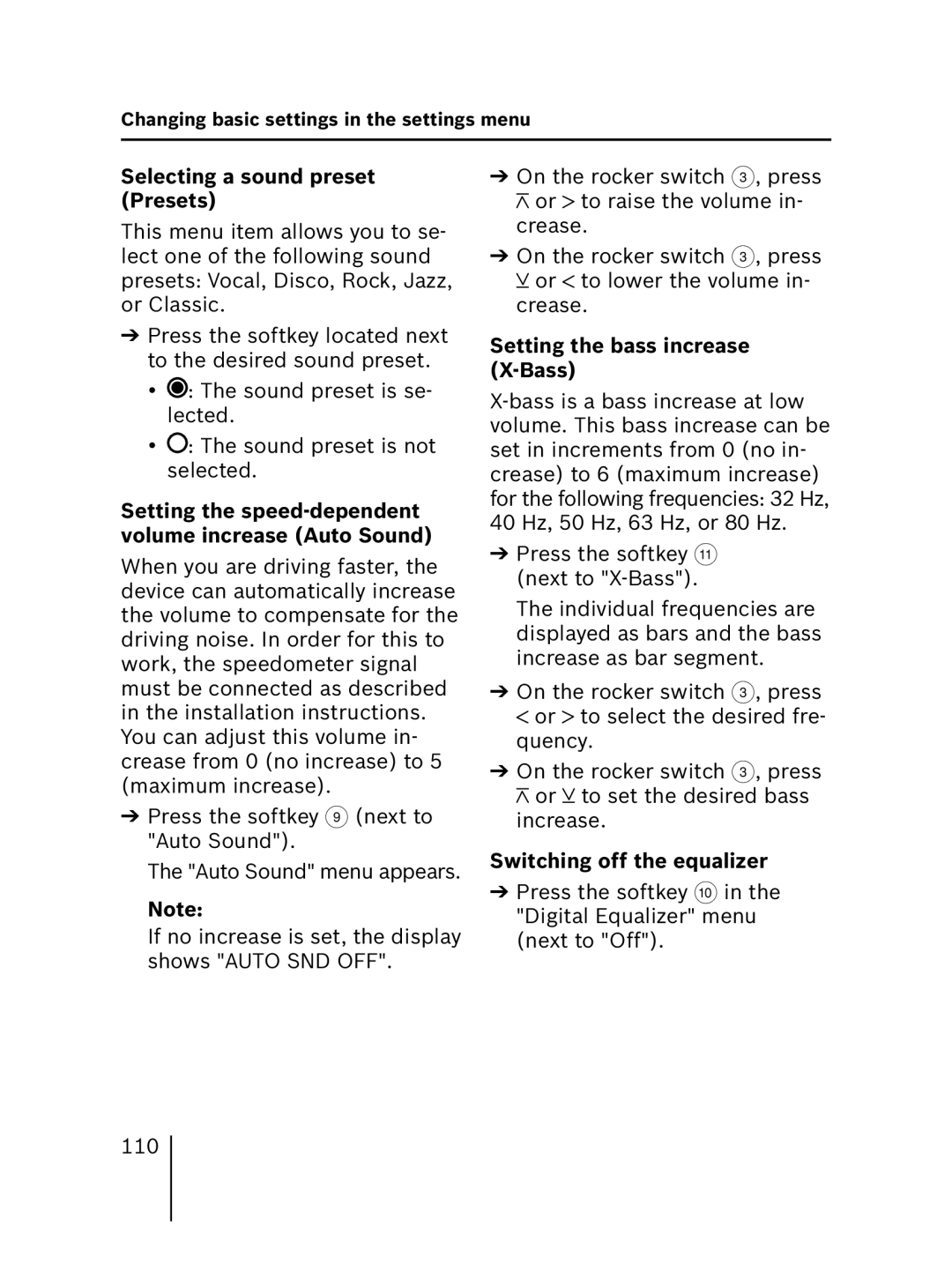 Blaupunkt 7 646 520 310 Selecting a sound preset Presets, Setting the speed-dependent volume increase Auto Sound 