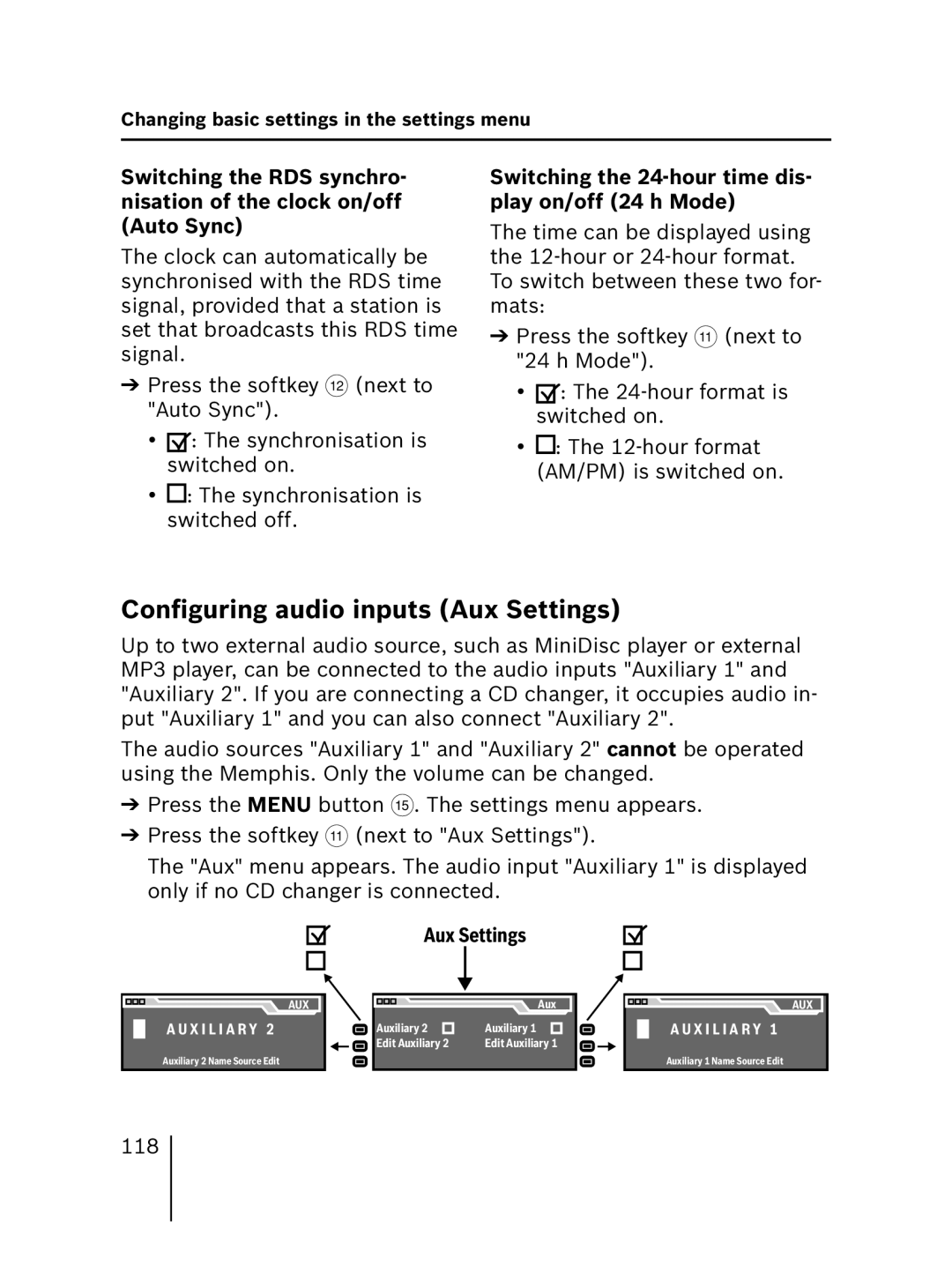 Blaupunkt 7 646 520 310 Conﬁguring audio inputs Aux Settings, Switching the 24-hour time dis- play on/off 24 h Mode, 118 