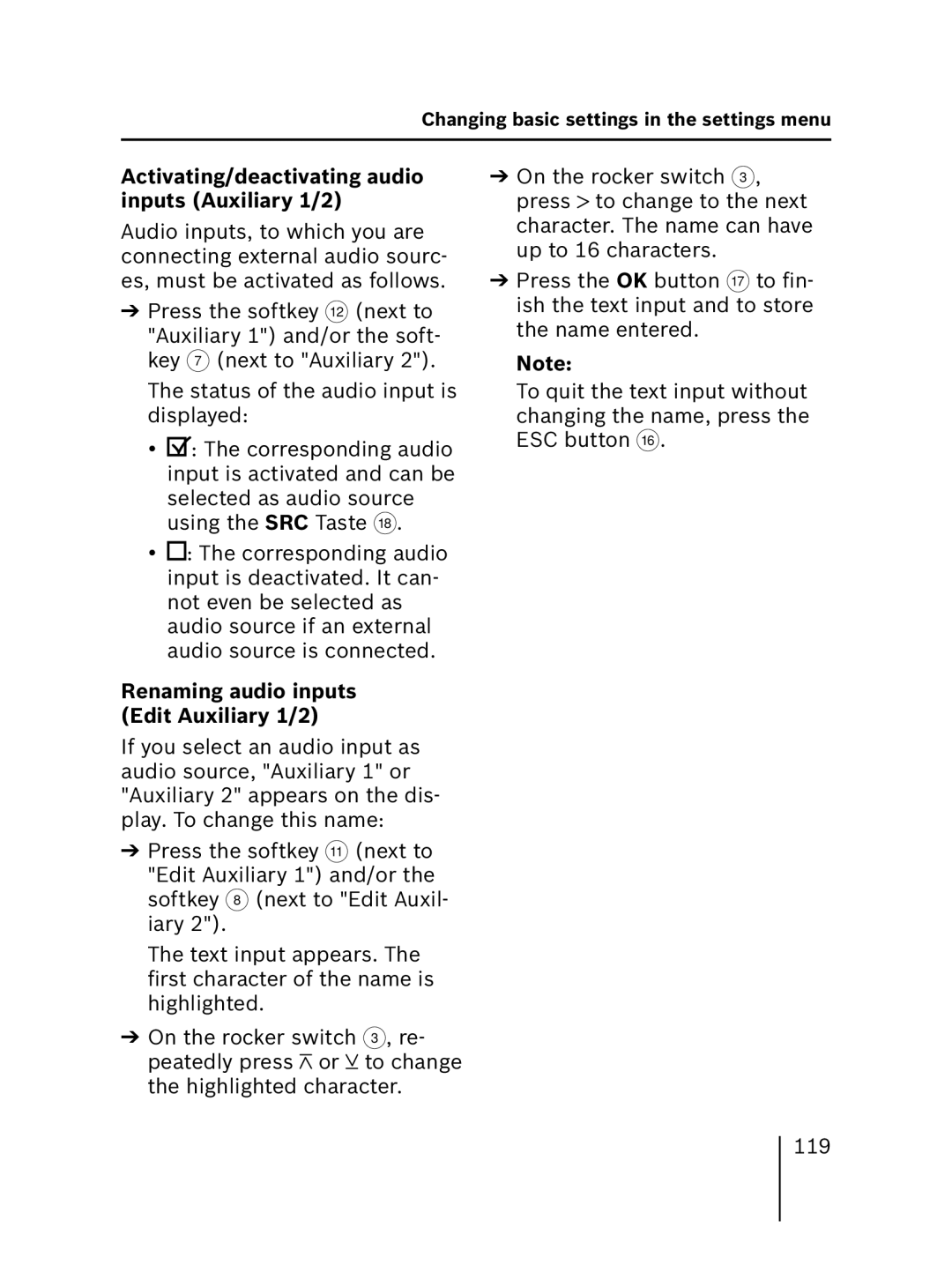 Blaupunkt 7 646 521 310 Activating/deactivating audio inputs Auxiliary 1/2, Renaming audio inputs Edit Auxiliary 1/2 