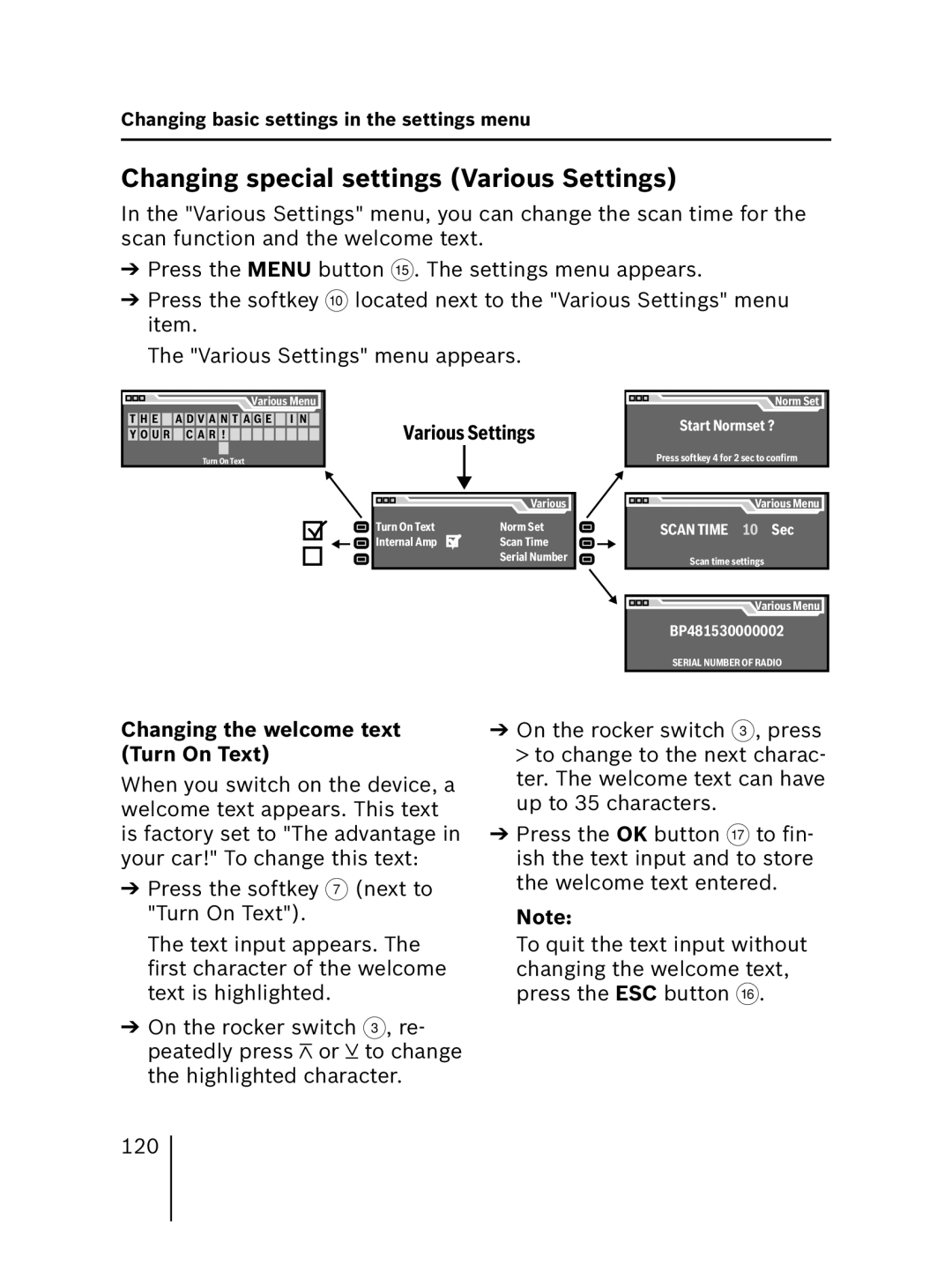 Blaupunkt 7 646 520 310, 7 646 521 310 Changing special settings Various Settings, Changing the welcome text Turn On Text 