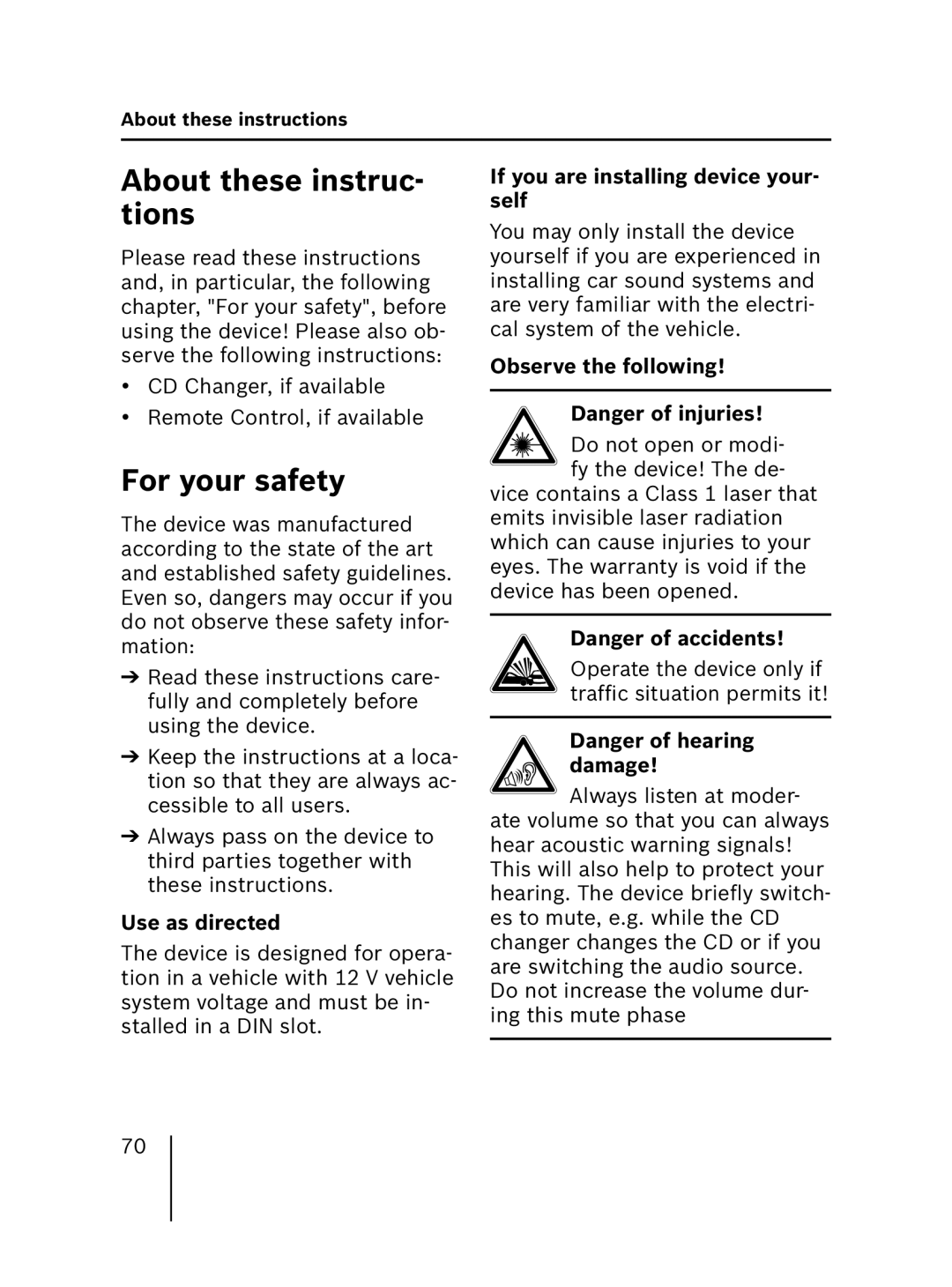 Blaupunkt 7 646 520 310, 7 646 521 310 About these instruc- tions, For your safety, Use as directed, Observe the following 