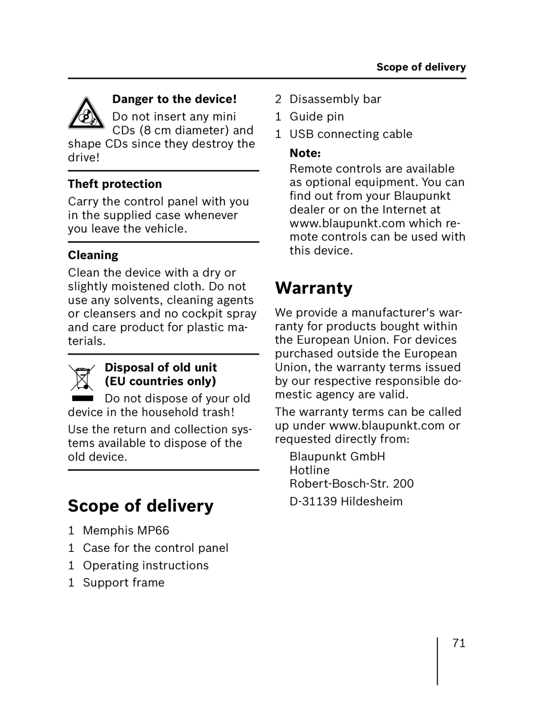 Blaupunkt 7 646 521 310 Scope of delivery, Warranty, Theft protection, Cleaning, Disposal of old unit EU countries only 