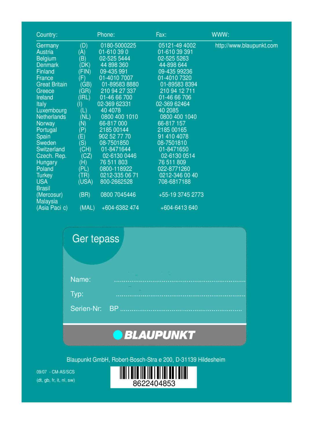 Blaupunkt 7 646 521 310, 7 646 520 310 installation instructions Gerätepass 