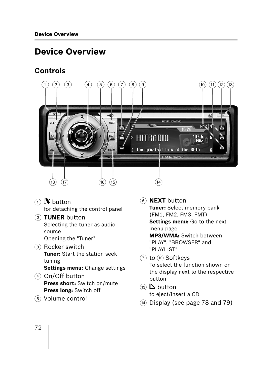 Blaupunkt 7 646 520 310, 7 646 521 310 installation instructions Device Overview, Controls, Tuner button 