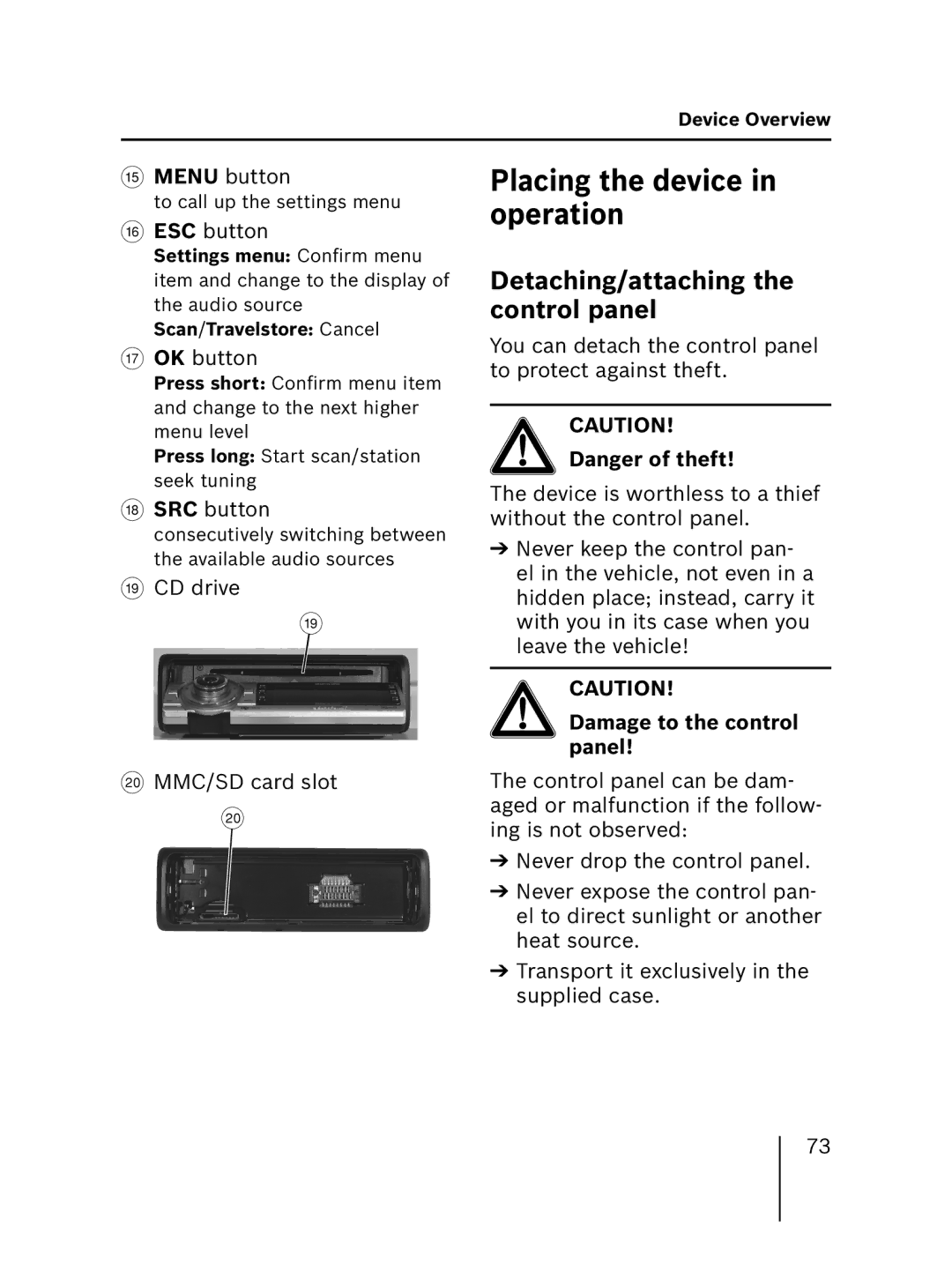 Blaupunkt 7 646 521 310, 7 646 520 310 Placing the device in operation, Detaching/attaching the control panel 