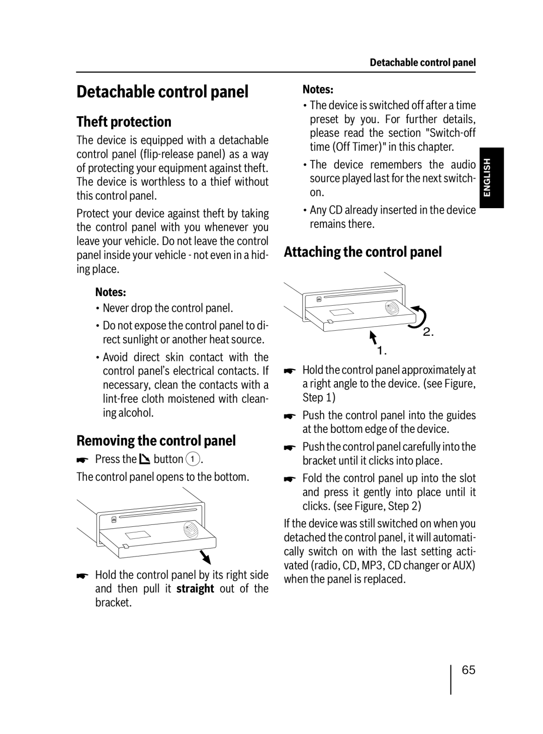 Blaupunkt 7 647 453 310 operating instructions Detachable control panel, Theft protection, Removing the control panel 