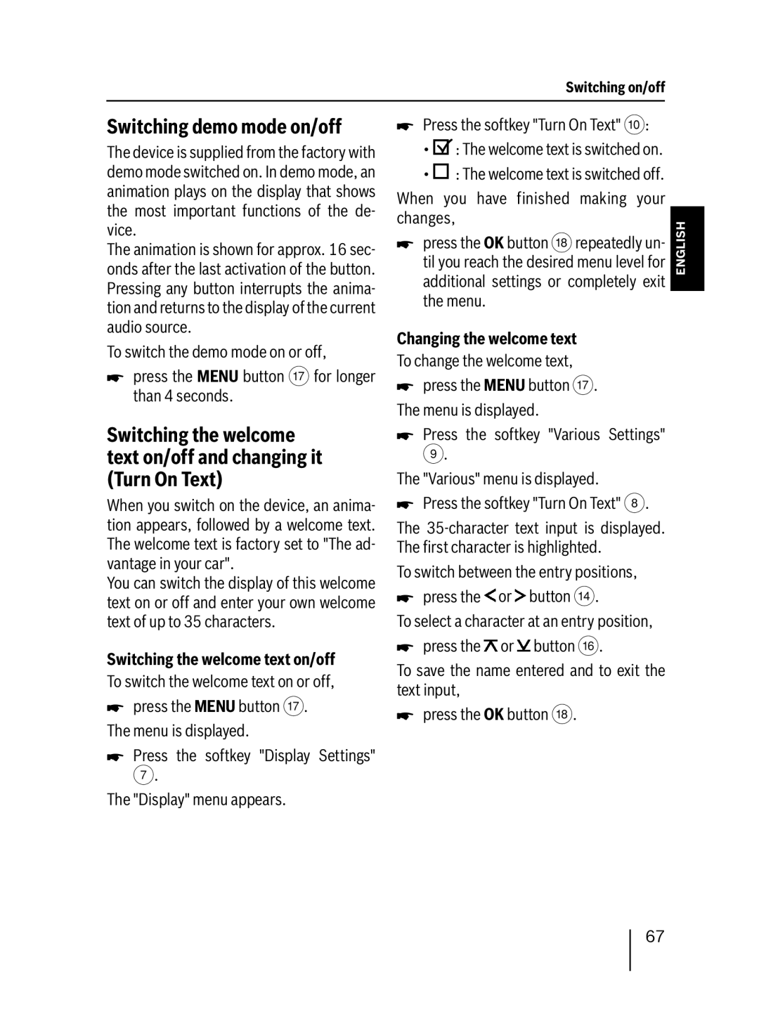 Blaupunkt 7 647 453 310 Switching demo mode on/off, Switching the welcome text on/off, Changing the welcome text 