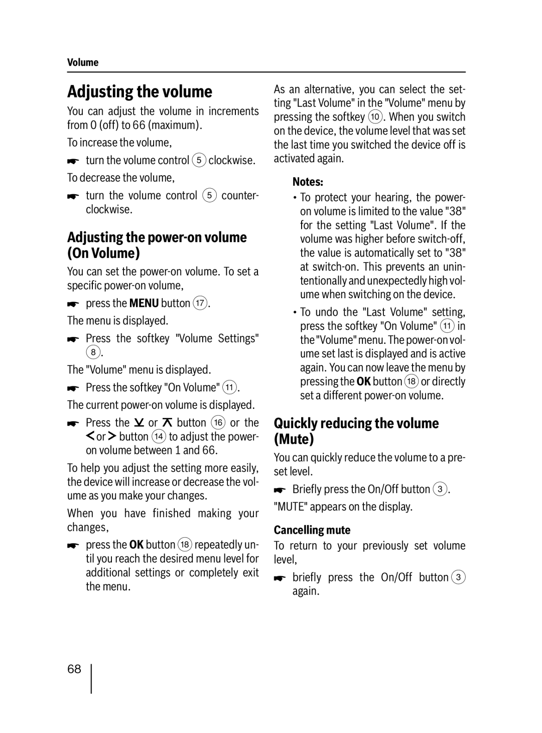 Blaupunkt 7 647 453 310 Adjusting the volume, Adjusting the power-on volume On Volume, Quickly reducing the volume Mute 