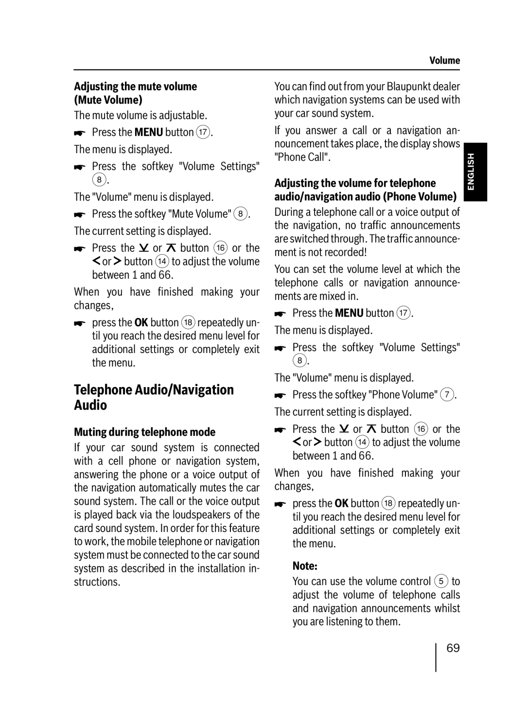 Blaupunkt 7 647 453 310 operating instructions Telephone Audio/Navigation Audio, Adjusting the mute volume Mute Volume 