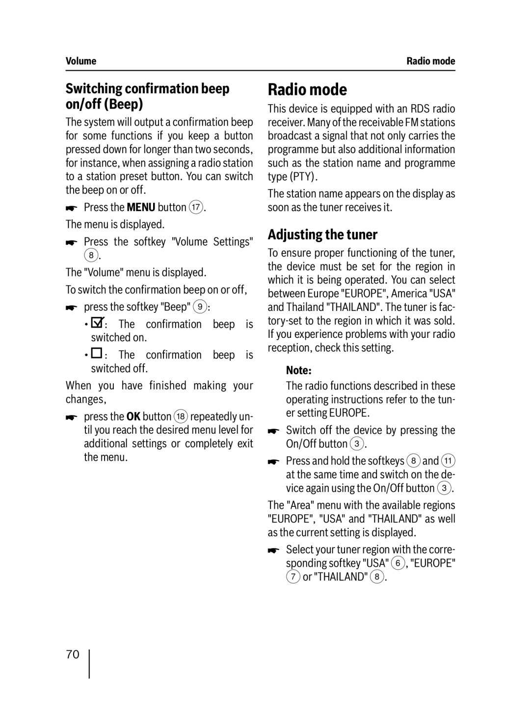 Blaupunkt 7 647 453 310 operating instructions Radio mode, Switching conﬁrmation beep on/off Beep, Adjusting the tuner 