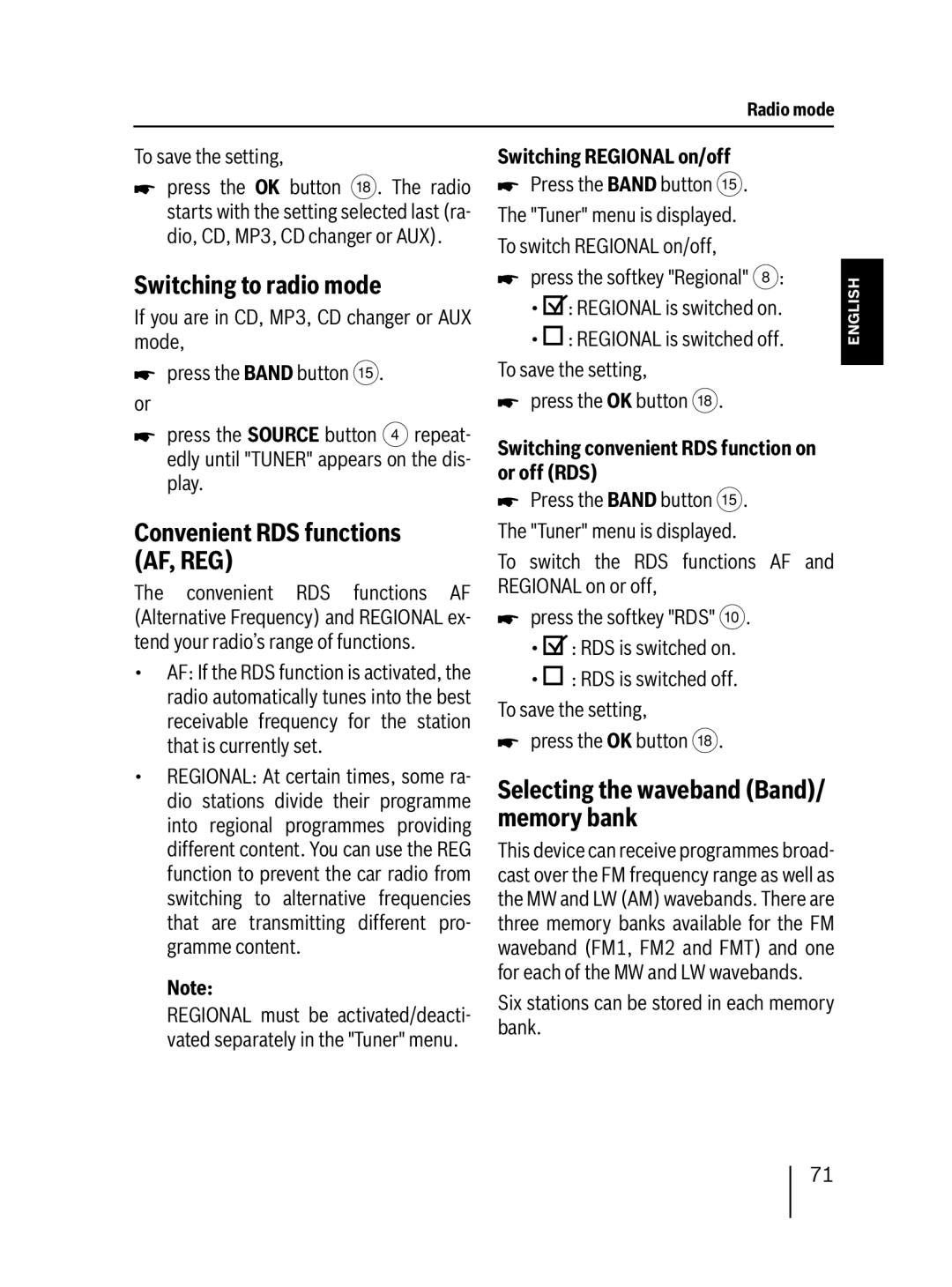 Blaupunkt 7 647 453 310 operating instructions Switching to radio mode, Convenient RDS functions AF, REG 