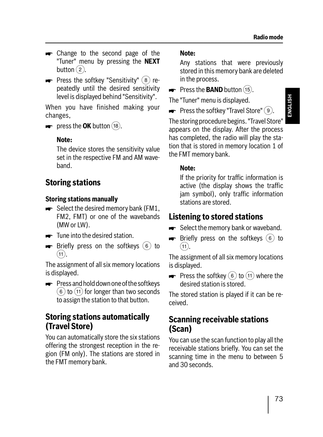 Blaupunkt 7 647 453 310 Storing stations, Listening to stored stations, Scanning receivable stations Scan 