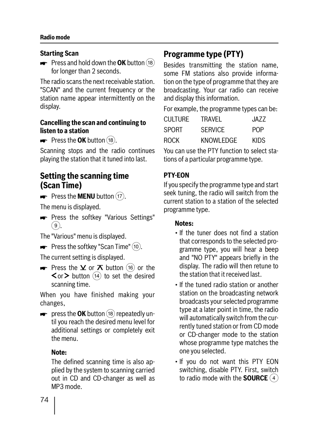 Blaupunkt 7 647 453 310 operating instructions Programme type PTY, Setting the scanning time Scan Time, Starting Scan 