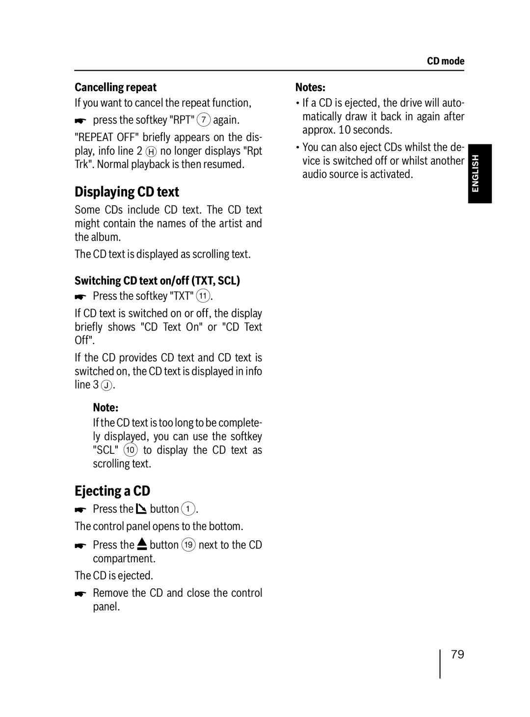 Blaupunkt 7 647 453 310 Displaying CD text, Ejecting a CD, Cancelling repeat, Switching CD text on/off TXT, SCL 