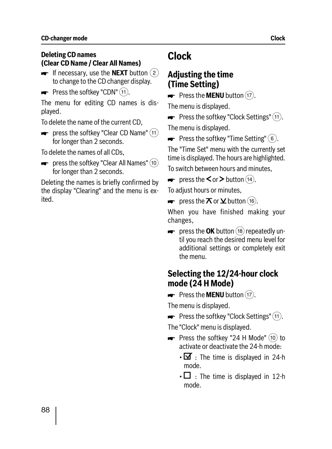 Blaupunkt 7 647 453 310 Clock, Selecting the 12/24-hour clock mode 24 H Mode, Adjusting the time Time Setting 