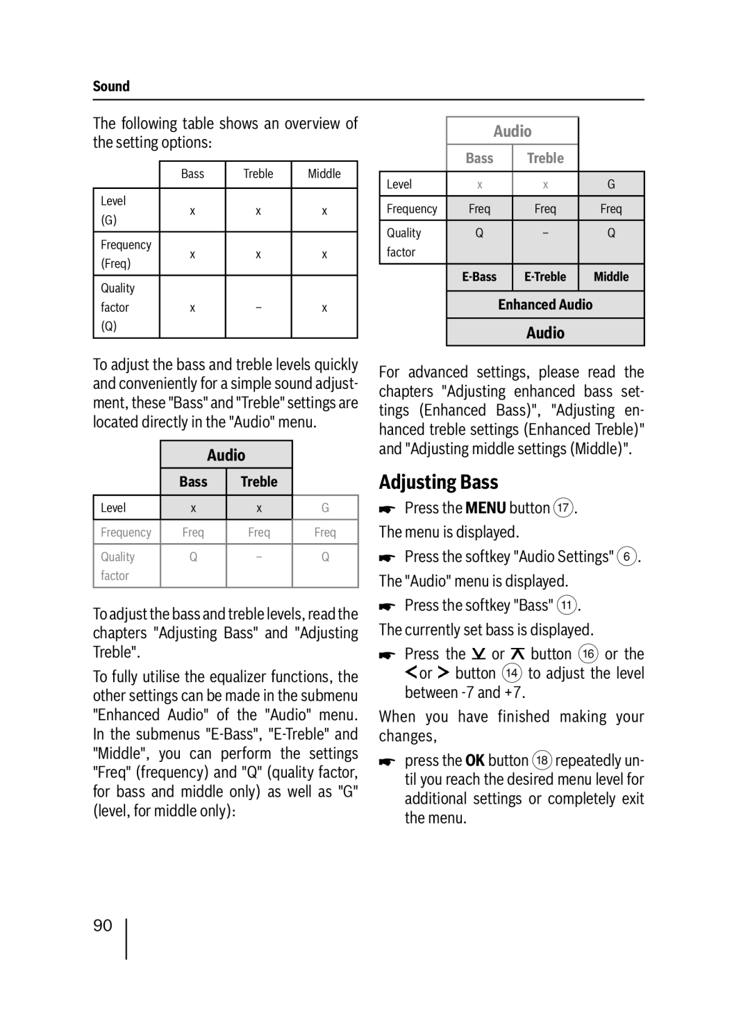 Blaupunkt 7 647 453 310 Adjusting Bass, Following table shows an overview of the setting options, Audio 