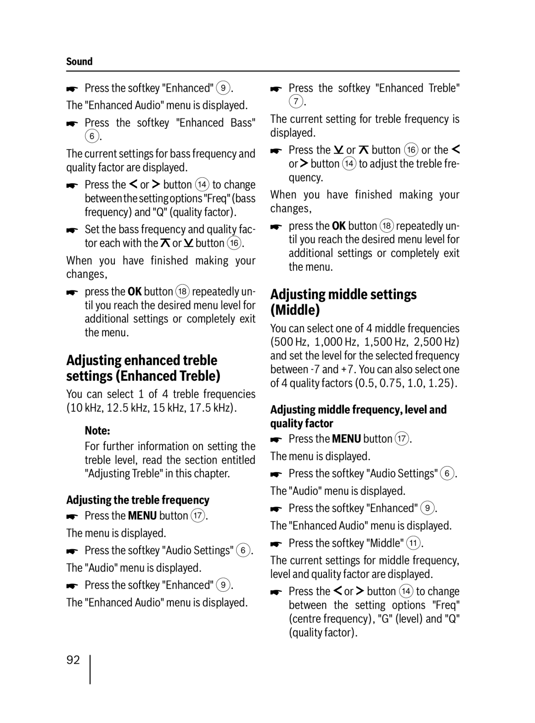 Blaupunkt 7 647 453 310 Adjusting middle settings Middle, Adjusting enhanced treble settings Enhanced Treble 