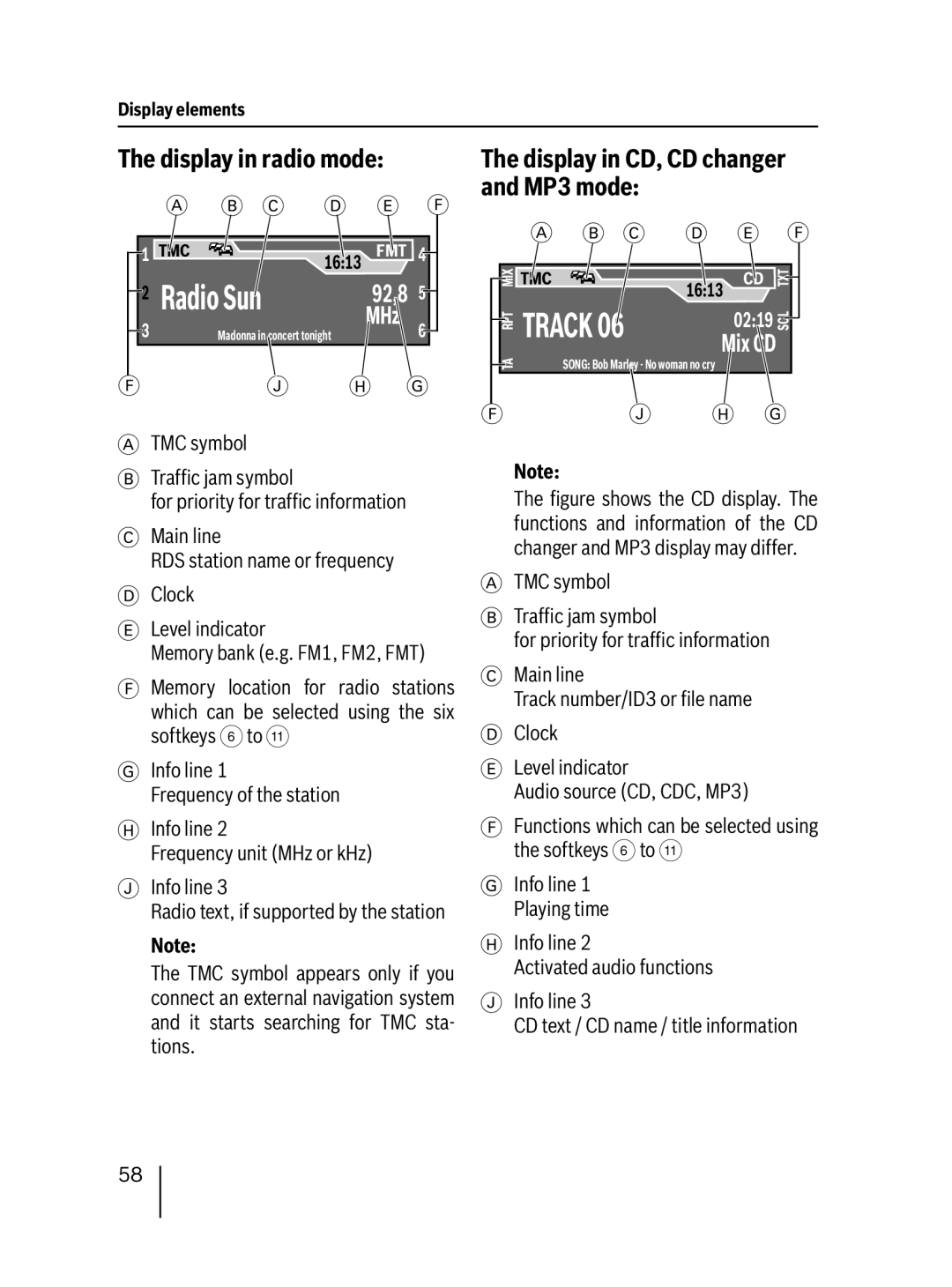 Blaupunkt 7 647 453 310 operating instructions Display in radio mode, Display in CD, CD changer and MP3 mode 