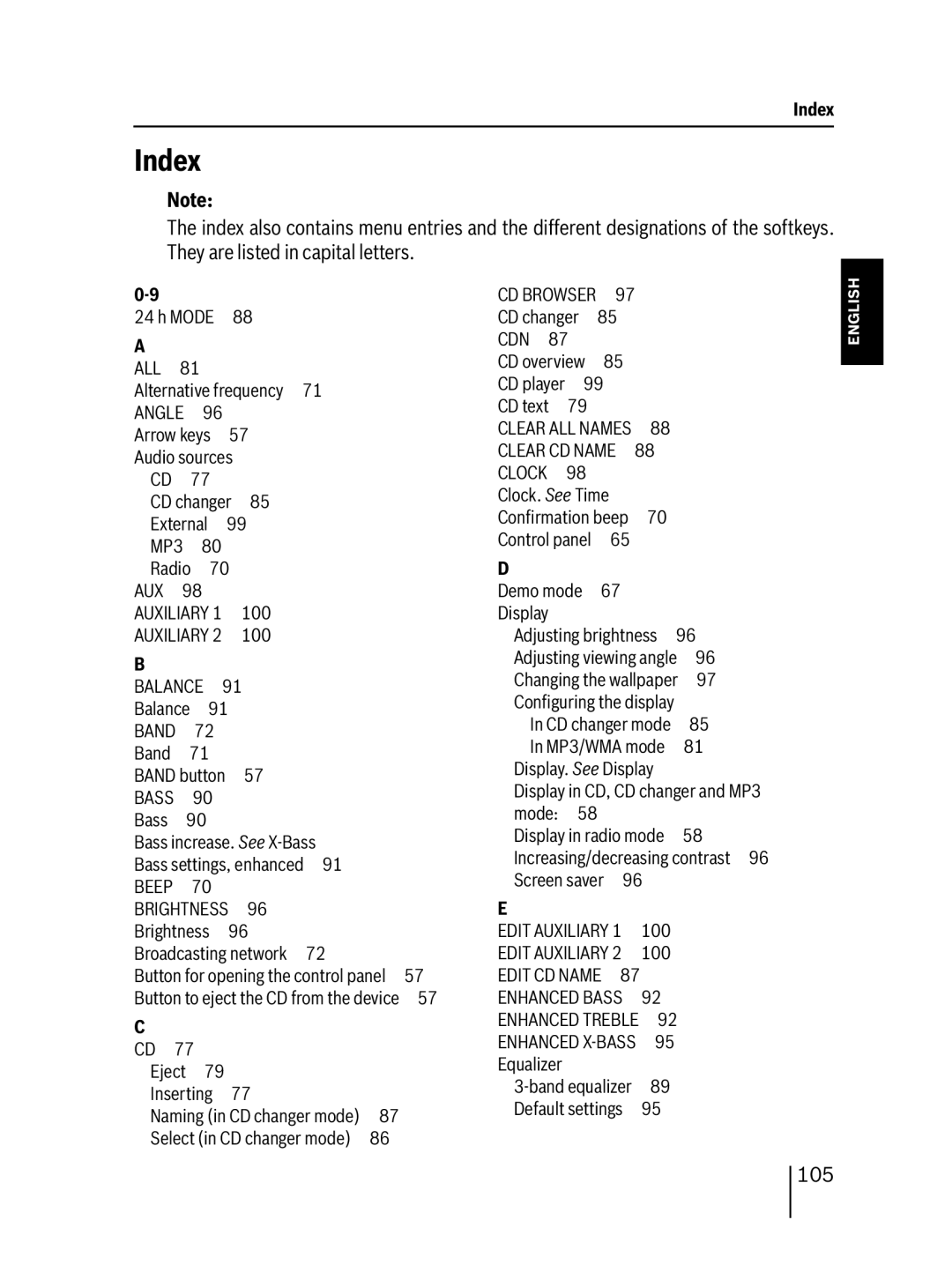 Blaupunkt 7 647 453 310 operating instructions Index, 105 