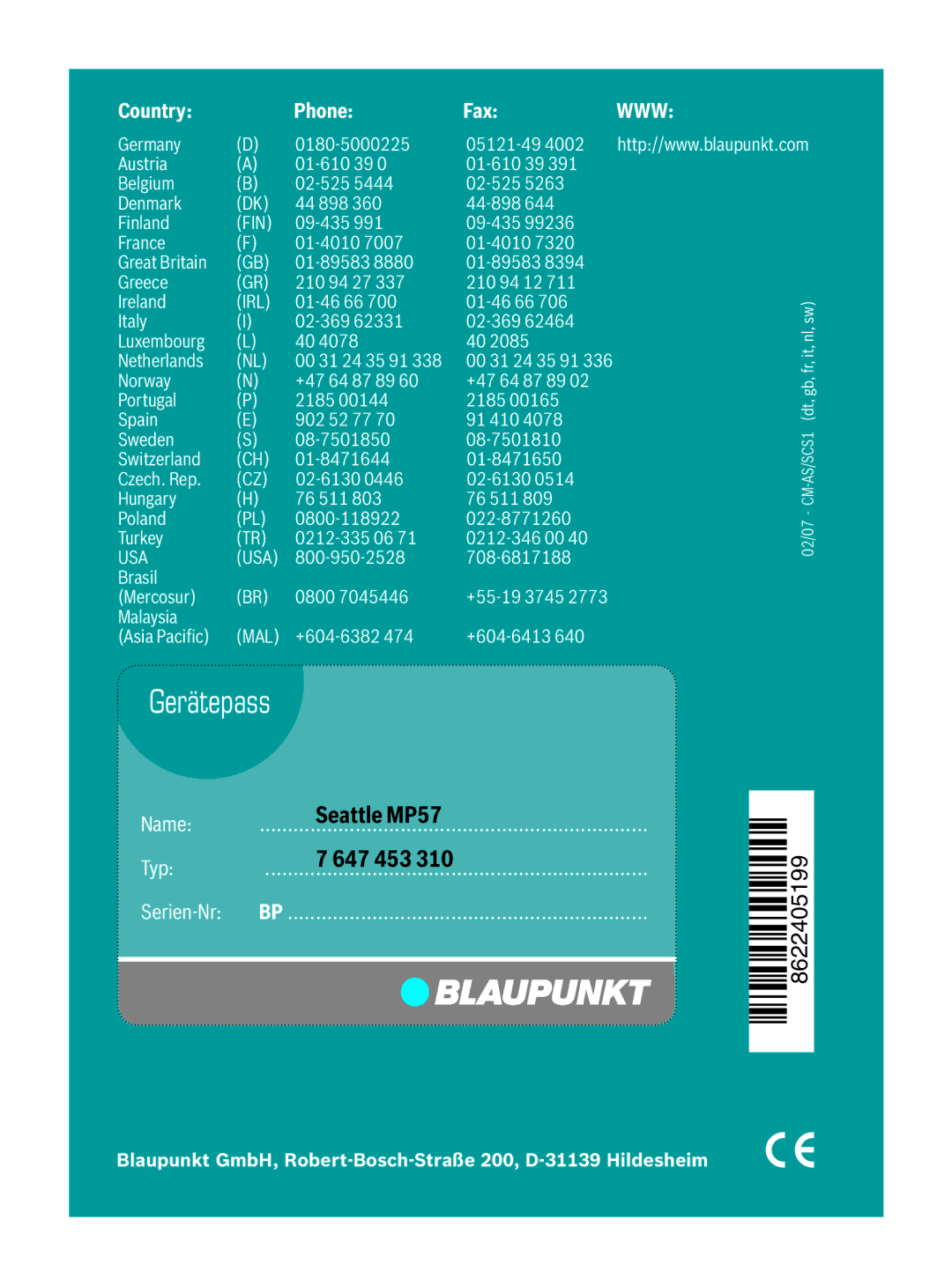 Blaupunkt 7 647 453 310 operating instructions Country Phone, 328 