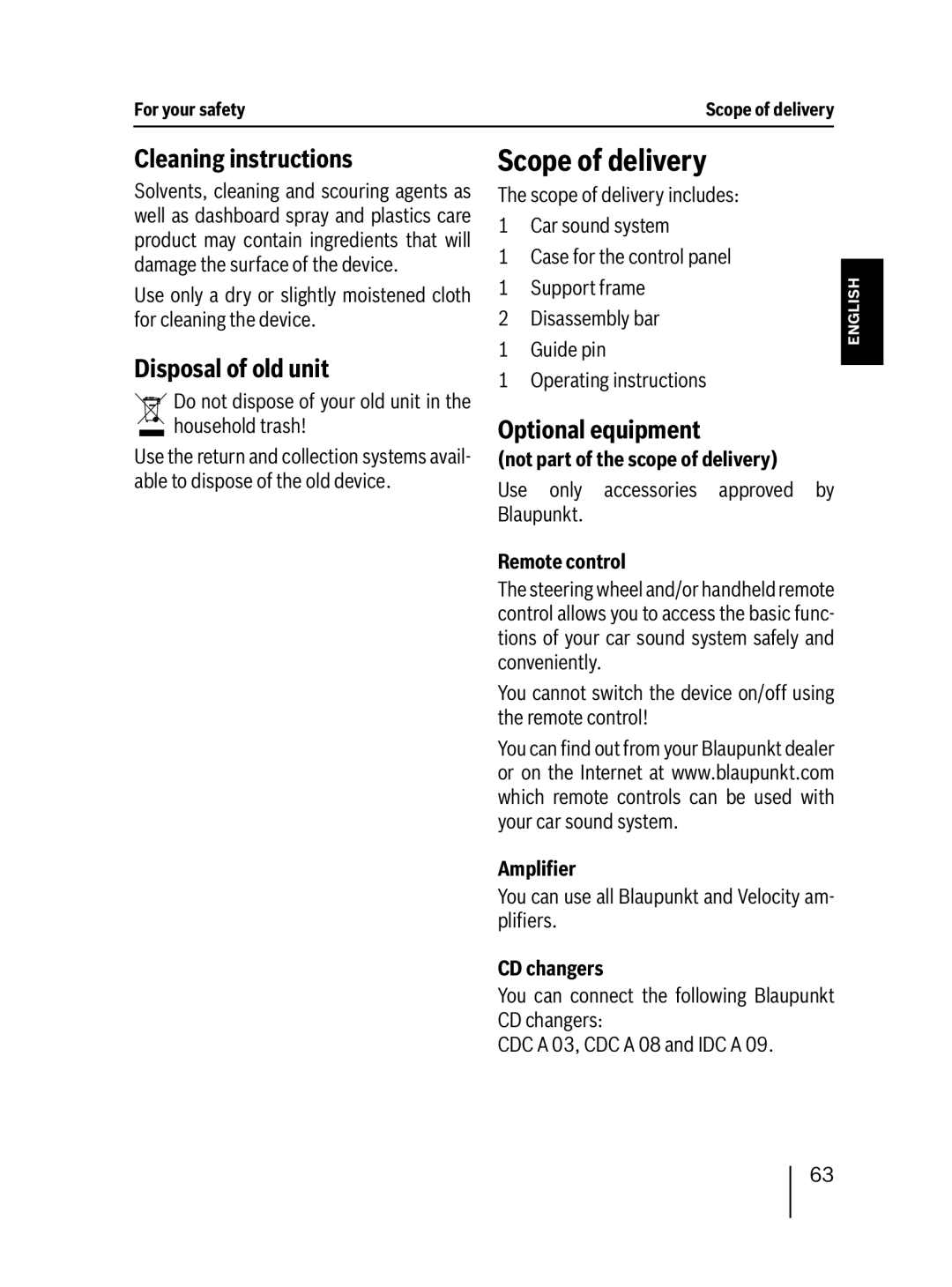 Blaupunkt 7 647 453 310 Scope of delivery, Cleaning instructions, Disposal of old unit, Optional equipment 