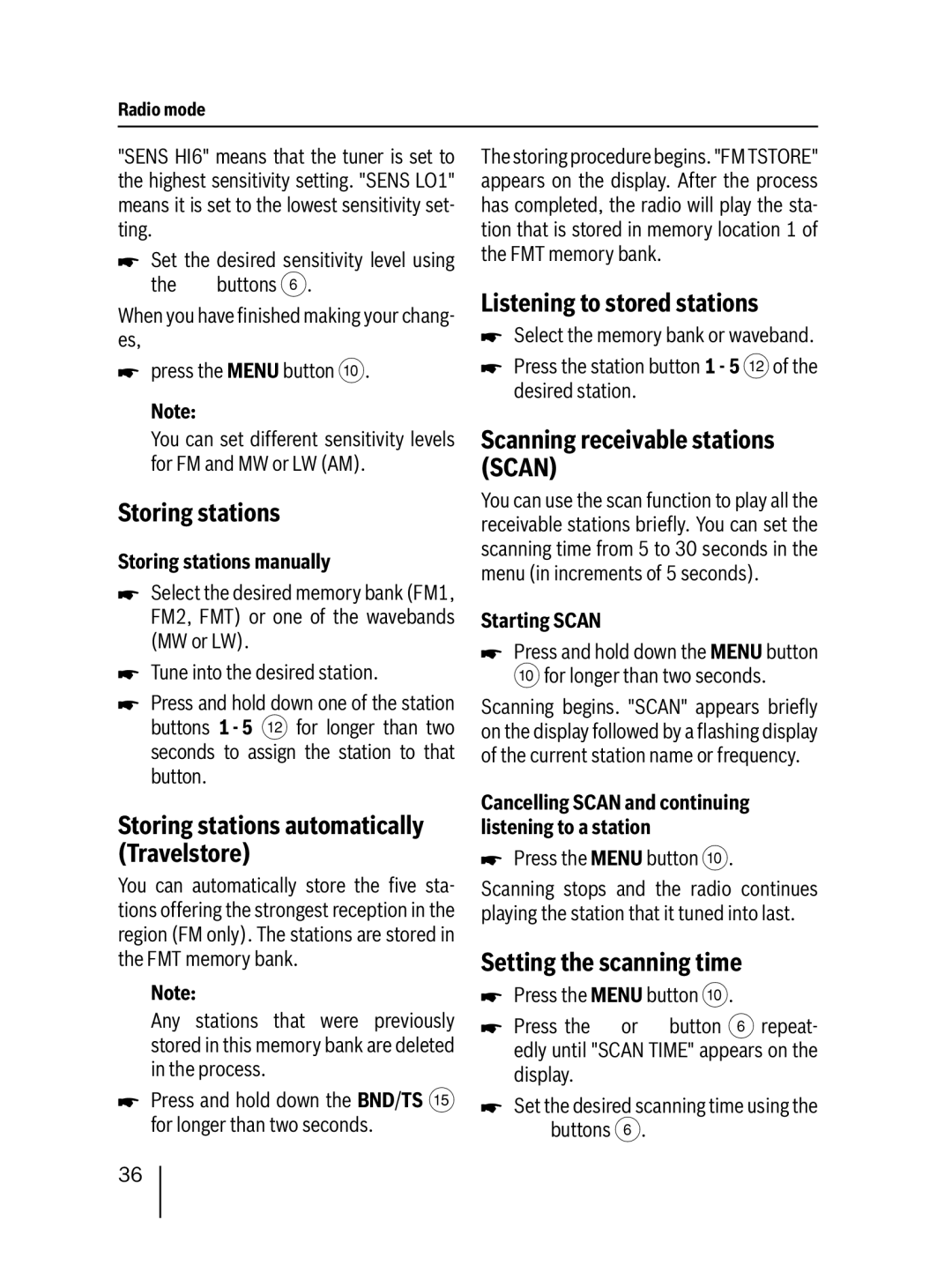 Blaupunkt 7 647 492 310, 7 647 482 310 Storing stations, Listening to stored stations, Scanning receivable stations Scan 