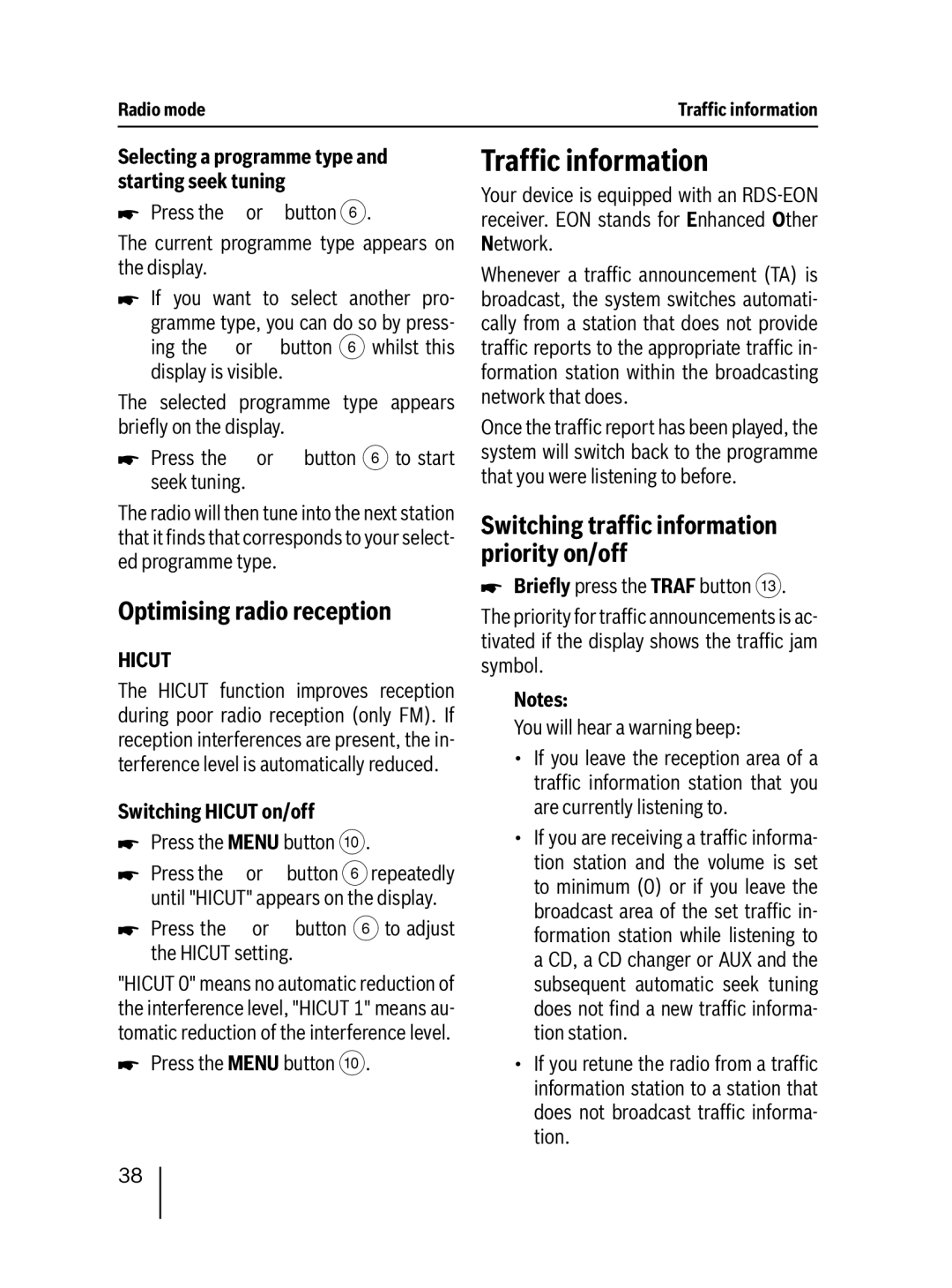 Blaupunkt 7 647 492 310 Trafﬁc information, Optimising radio reception, Switching trafﬁc information priority on/off 