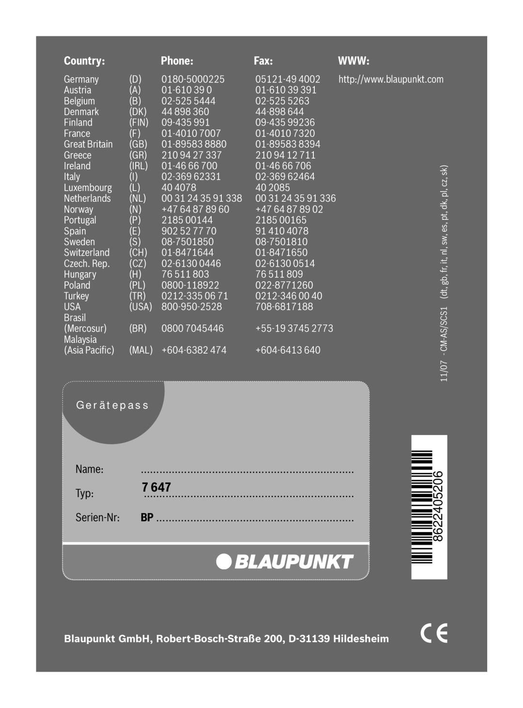 Blaupunkt 7 647 482 310, 7 647 492 310 operating instructions Name, Typ Serien-Nr, 292 