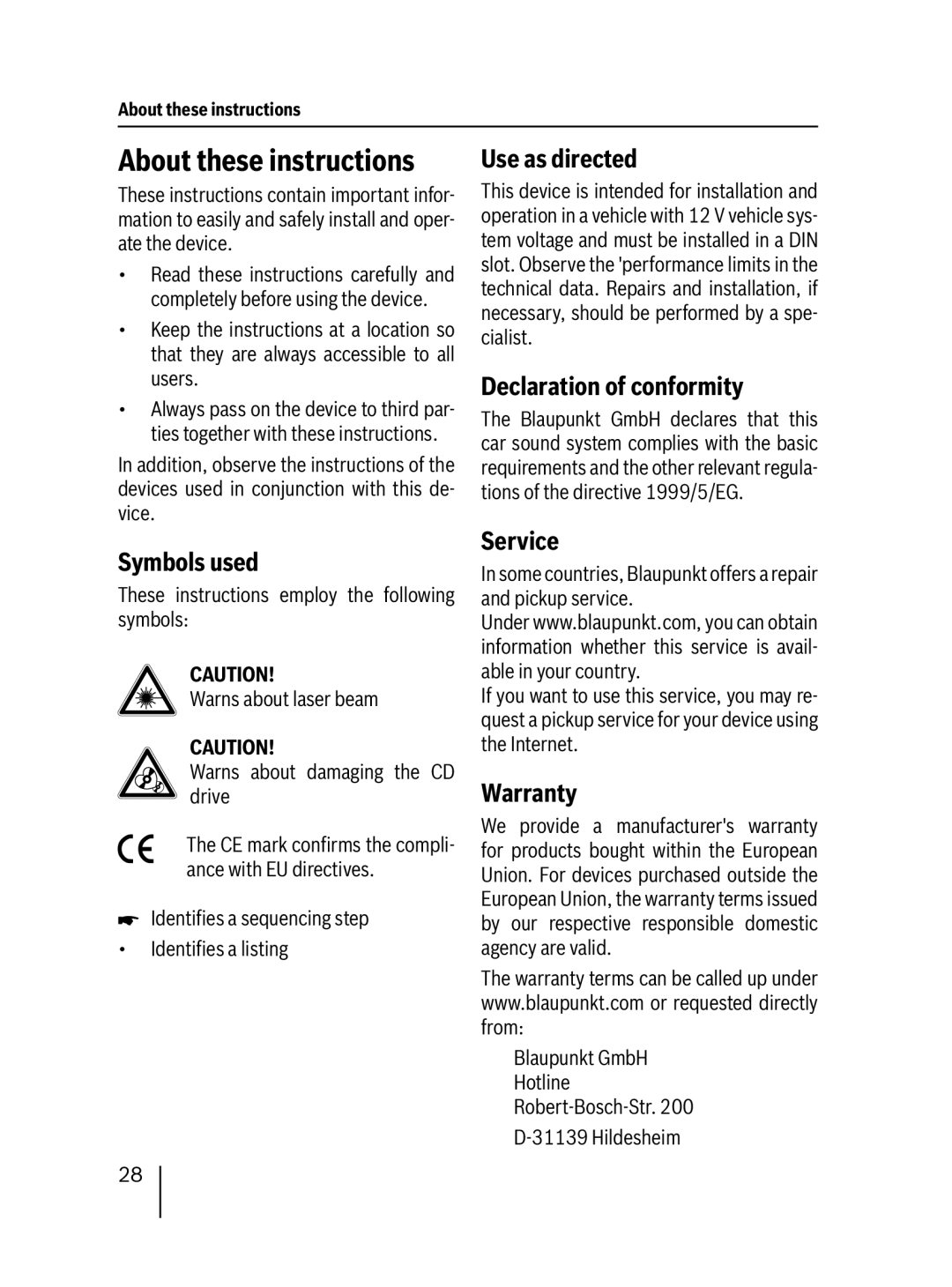 Blaupunkt 7 647 492 310, 7 647 482 310 operating instructions About these instructions 