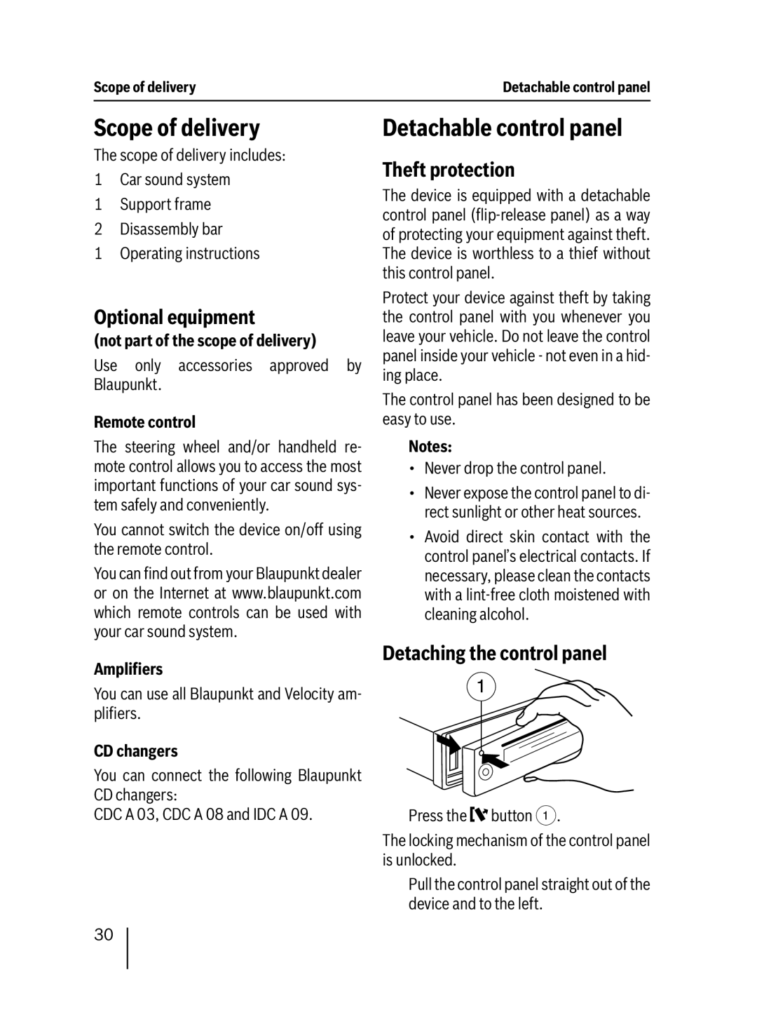 Blaupunkt 7 647 492 310, 7 647 482 310 Scope of delivery, Detachable control panel, Optional equipment, Theft protection 