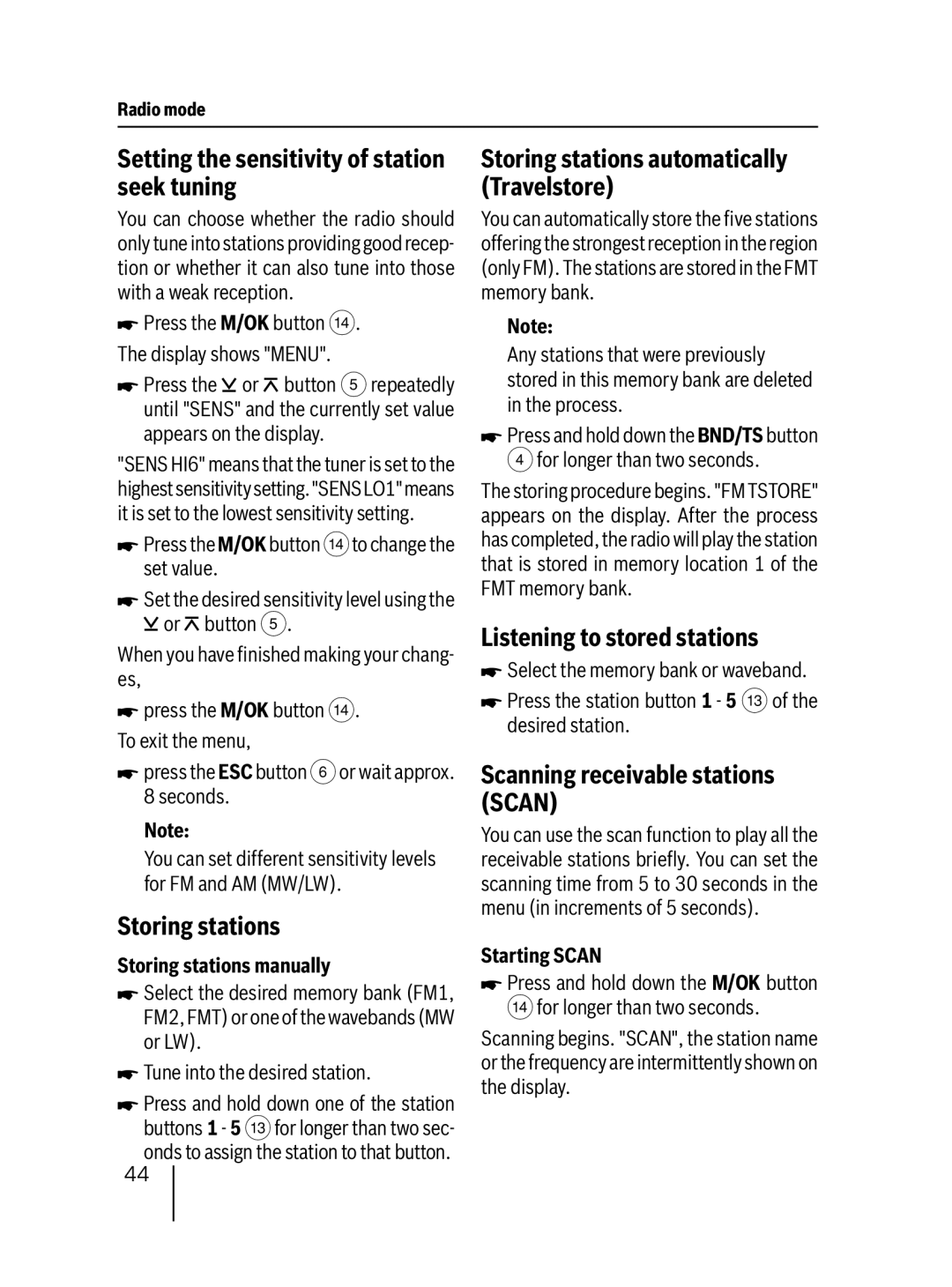 Blaupunkt 7 647 523 310 Setting the sensitivity of station seek tuning, Storing stations, Listening to stored stations 