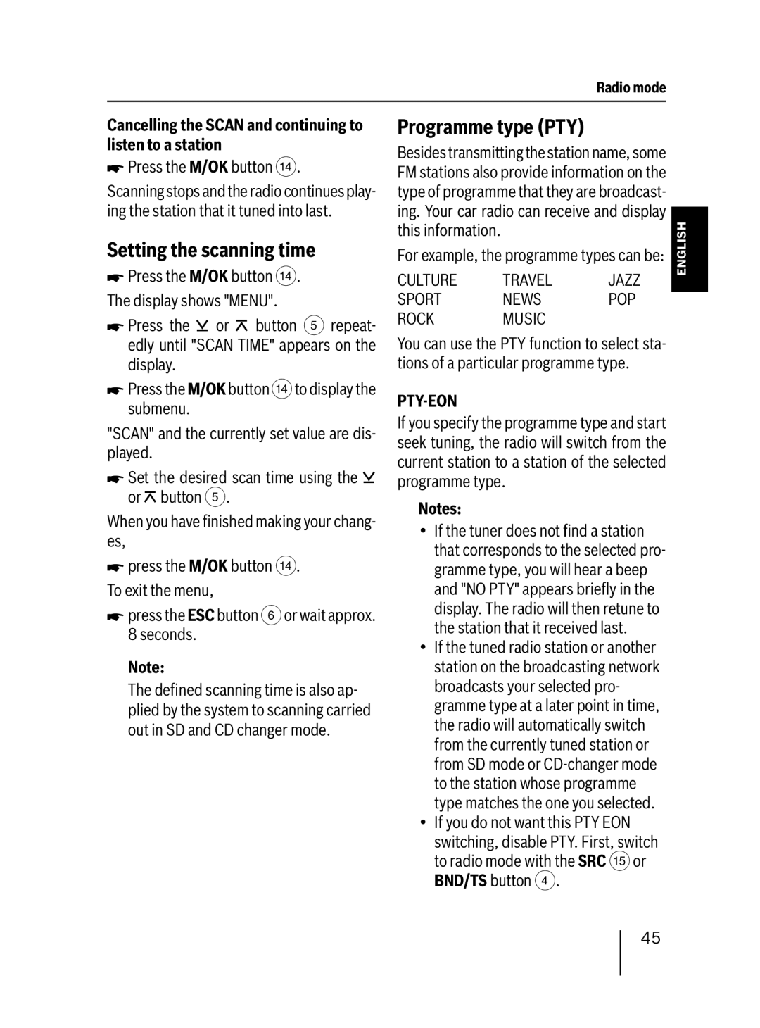 Blaupunkt 7 647 523 310 installation instructions Programme type PTY, Setting the scanning time 