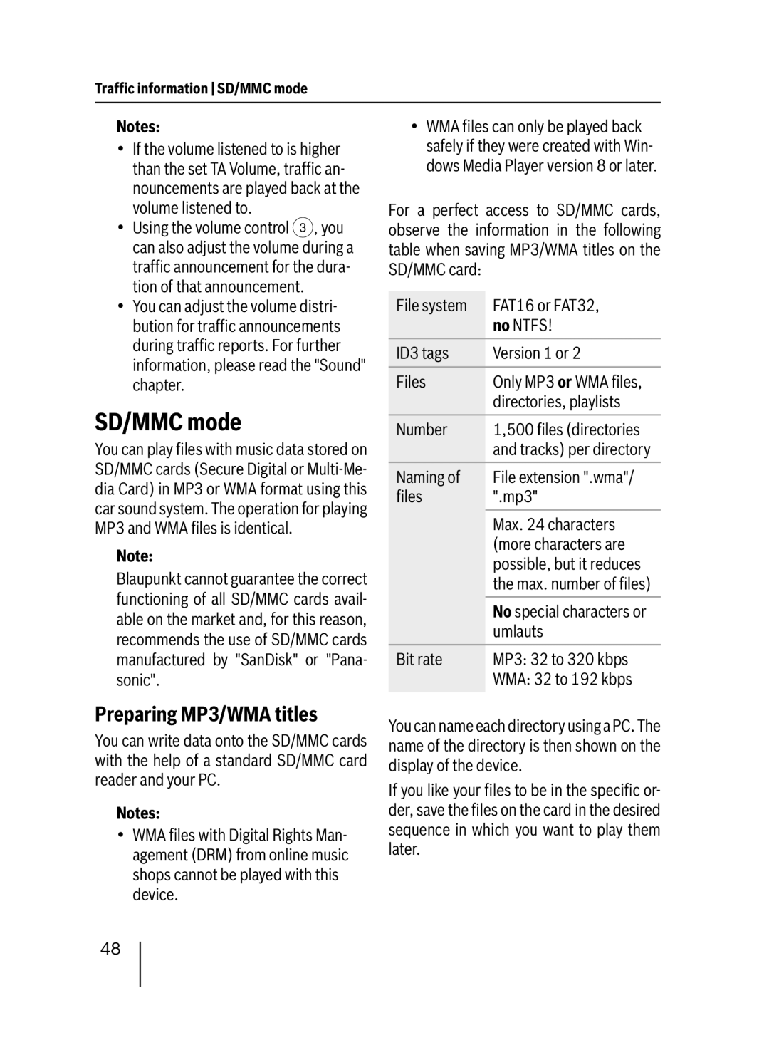 Blaupunkt 7 647 523 310 installation instructions SD/MMC mode, Preparing MP3/WMA titles 