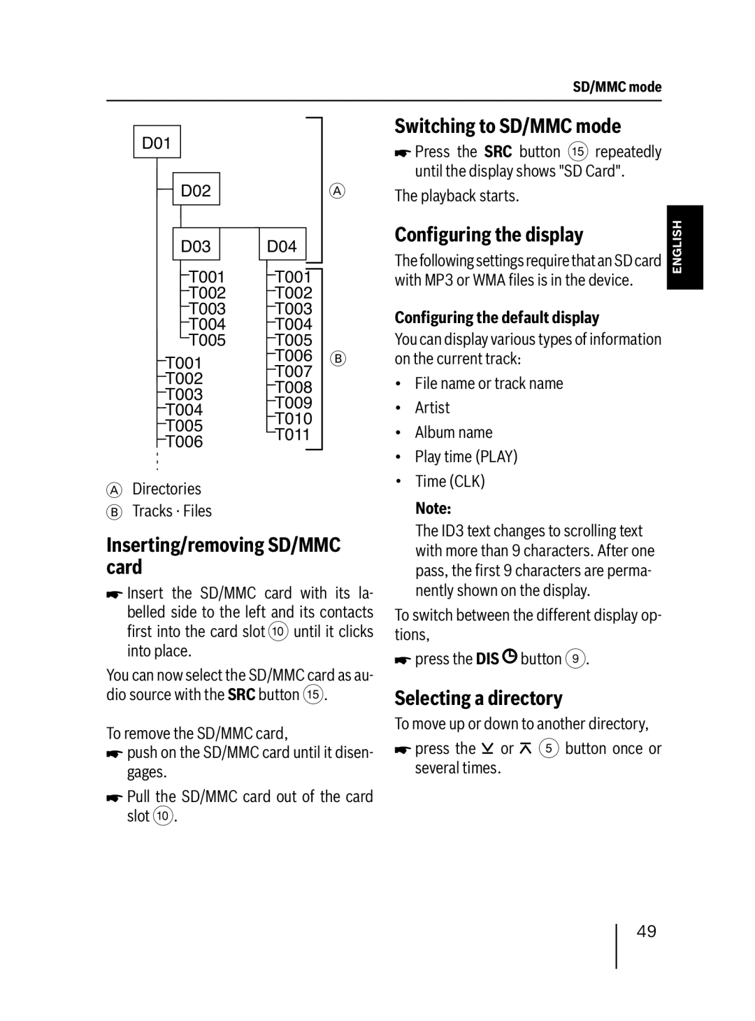 Blaupunkt 7 647 523 310 Switching to SD/MMC mode, Inserting/removing SD/MMC card, Selecting a directory 