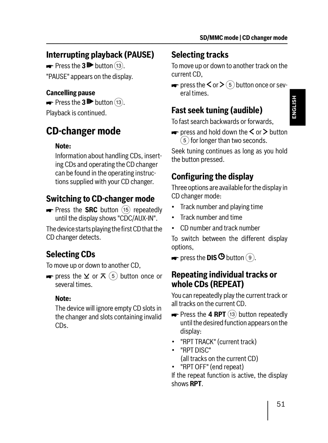 Blaupunkt 7 647 523 310 Selecting CDs, Switching to CD-changer mode, Repeating individual tracks or whole CDs Repeat 