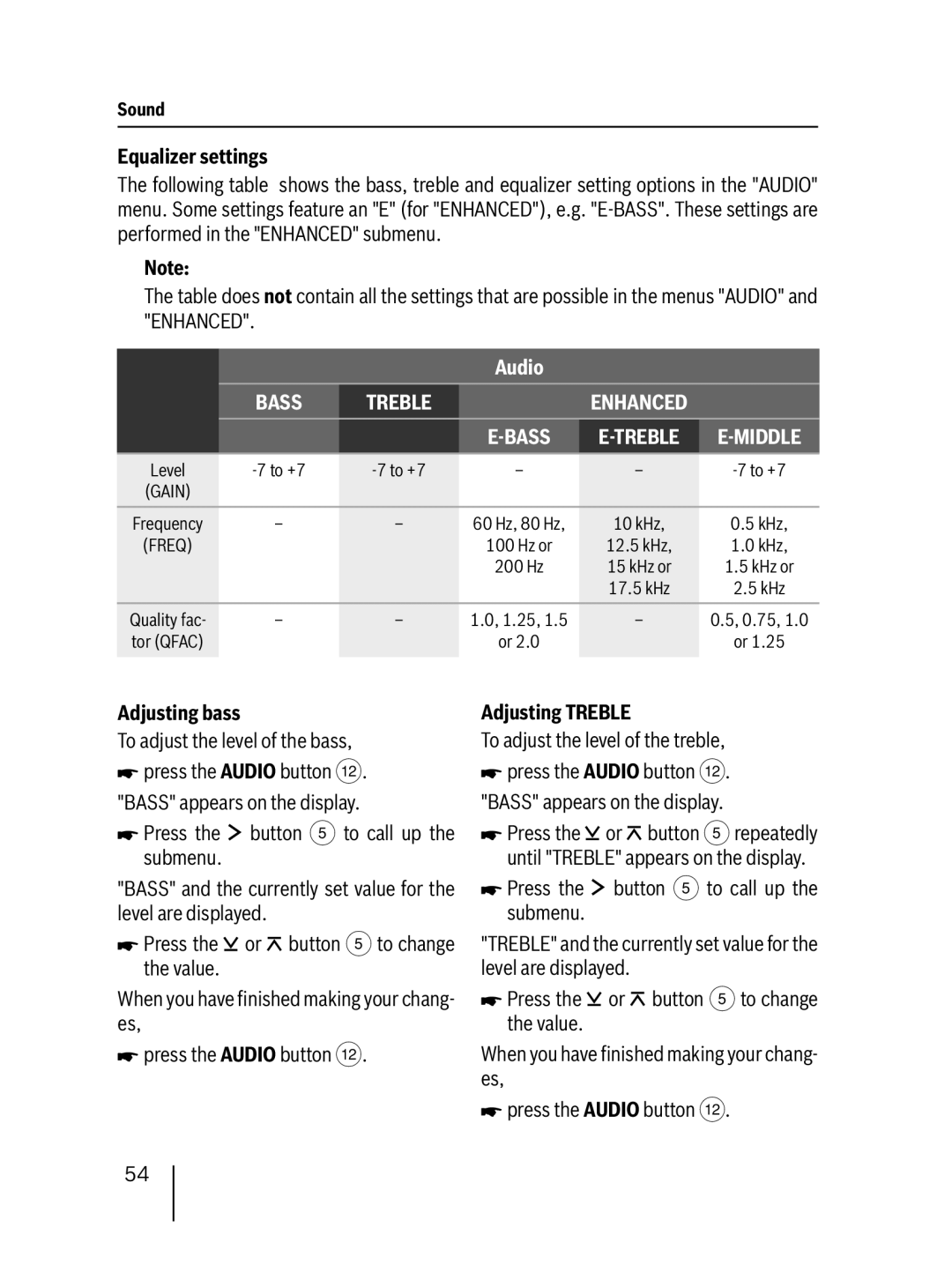 Blaupunkt 7 647 523 310 Equalizer settings, Adjusting bass, To adjust the level of the bass, Adjusting Treble 