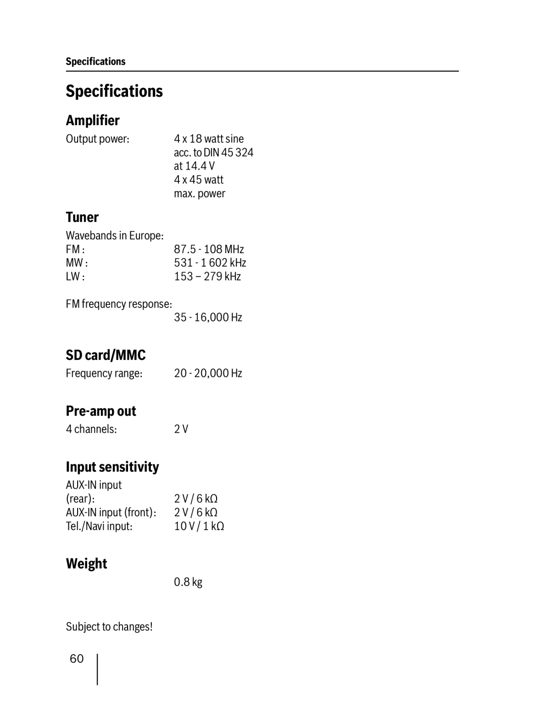 Blaupunkt 7 647 523 310 installation instructions Speciﬁcations 