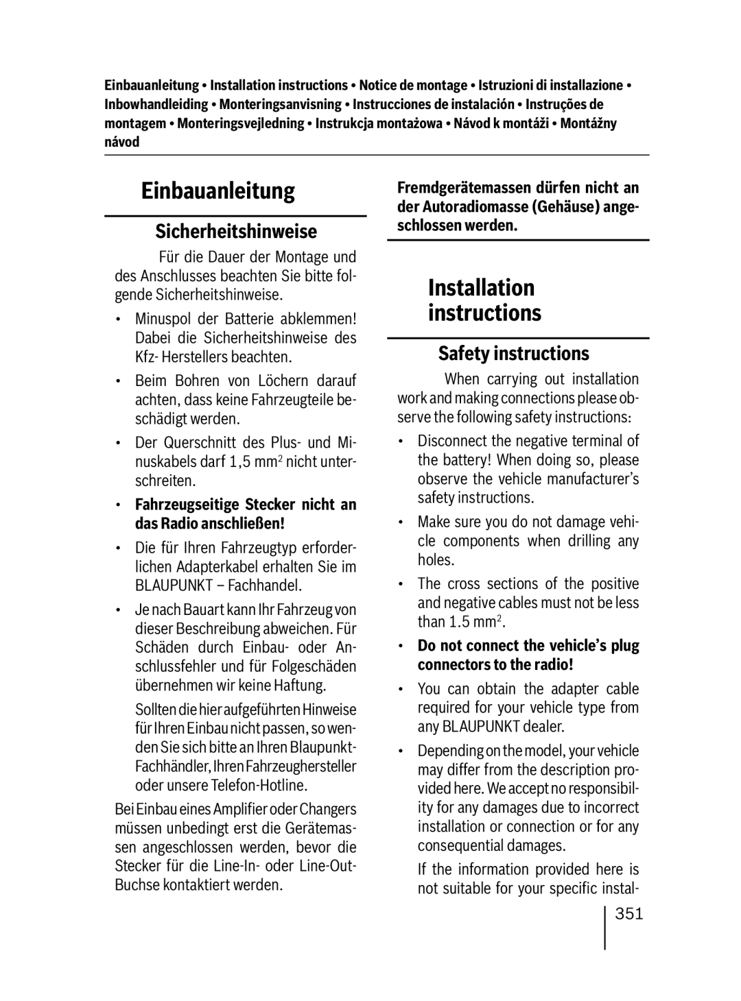 Blaupunkt 7 647 523 310 Einbauanleitung, Sicherheitshinweise, Installation instructions Safety instructions, 351 